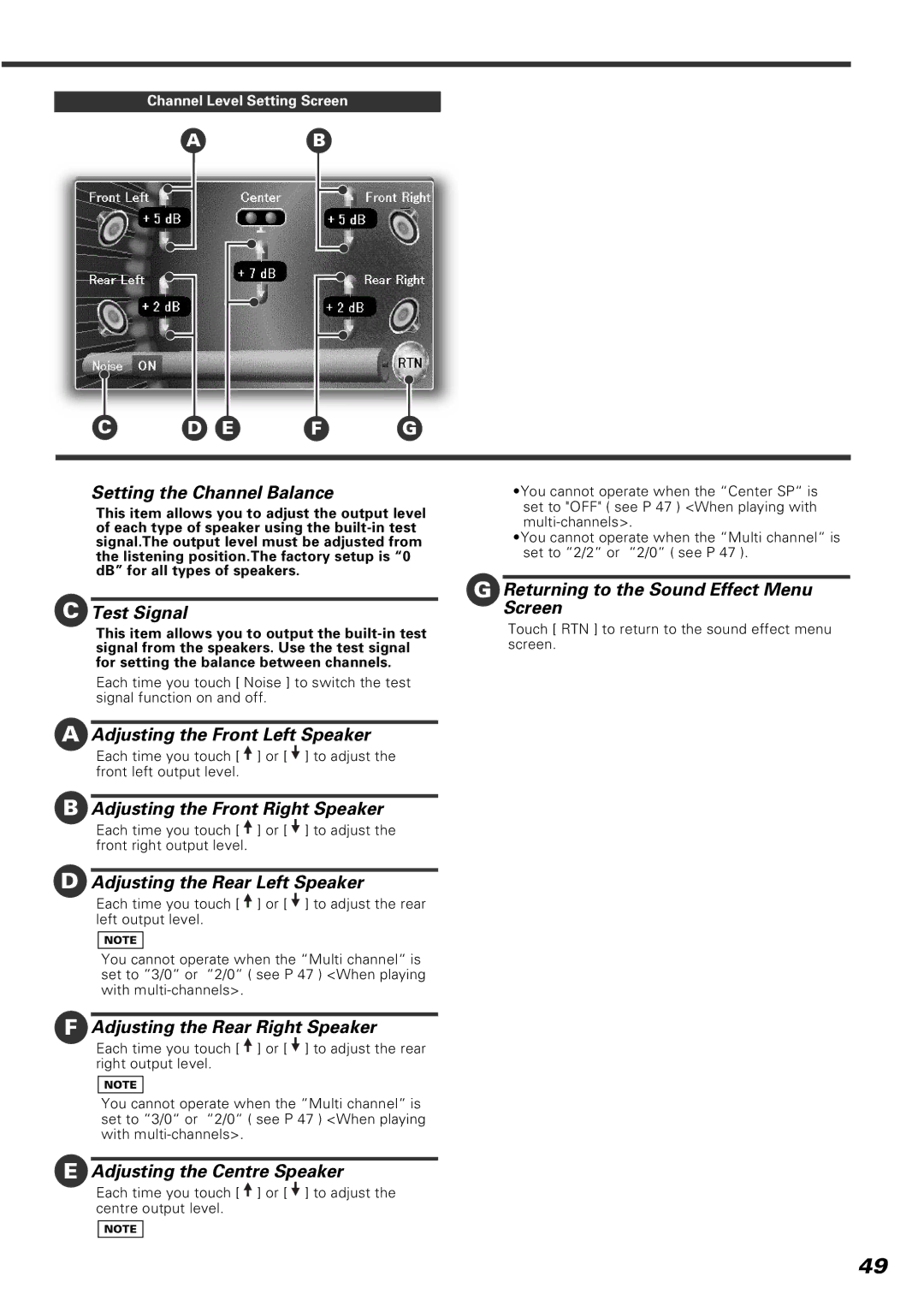 Kenwood KVT-920DVD instruction manual Setting the Channel Balance, Test Signal, Adjusting the Front Left Speaker 