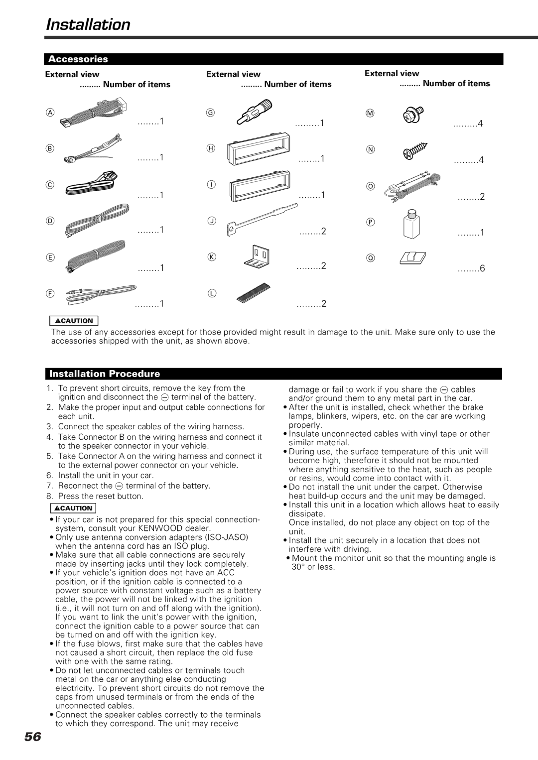 Kenwood KVT-920DVD instruction manual Accessories, Installation Procedure, External view Number of items 