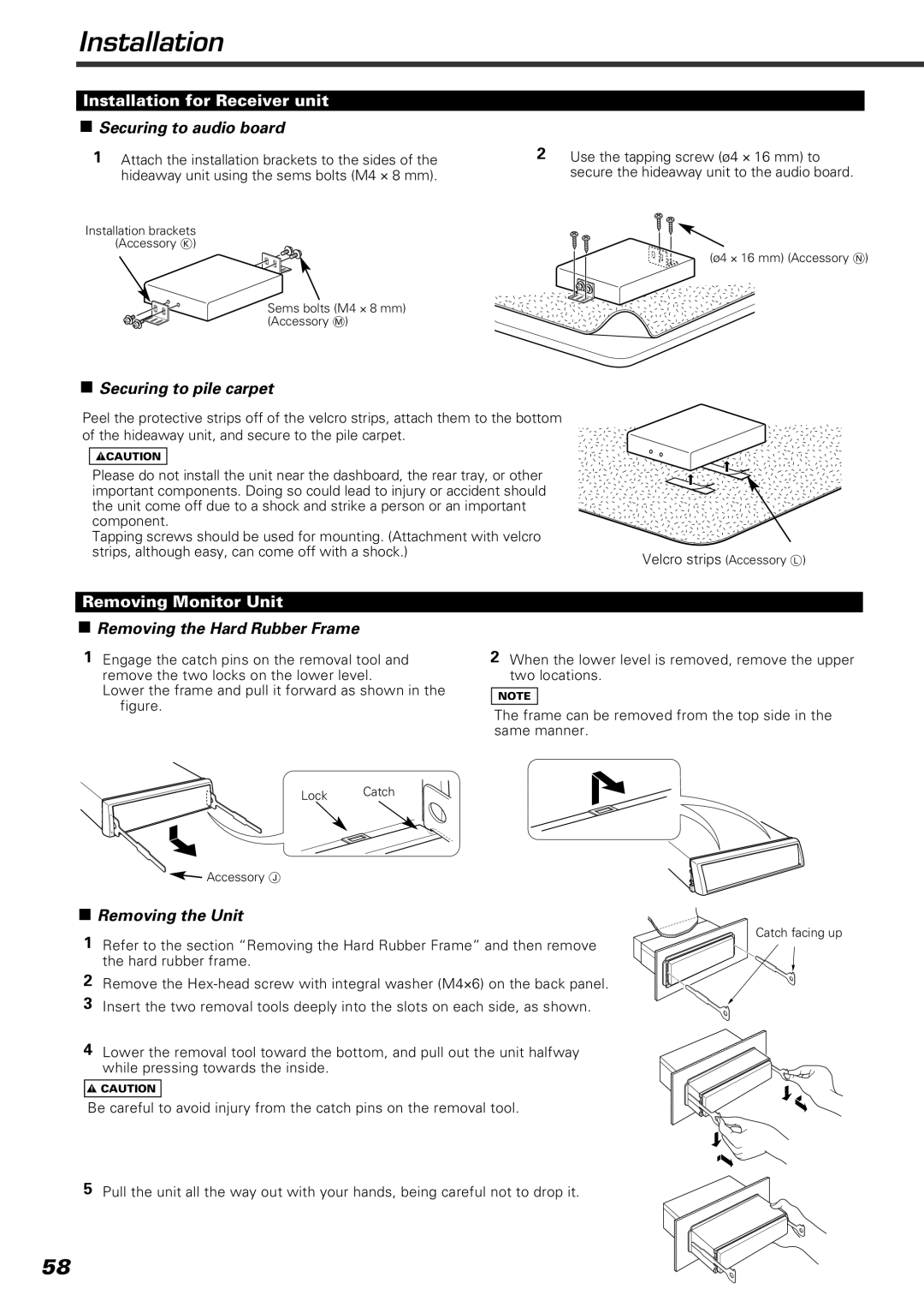 Kenwood KVT-920DVD instruction manual Installation for Receiver unit, Removing Monitor Unit 