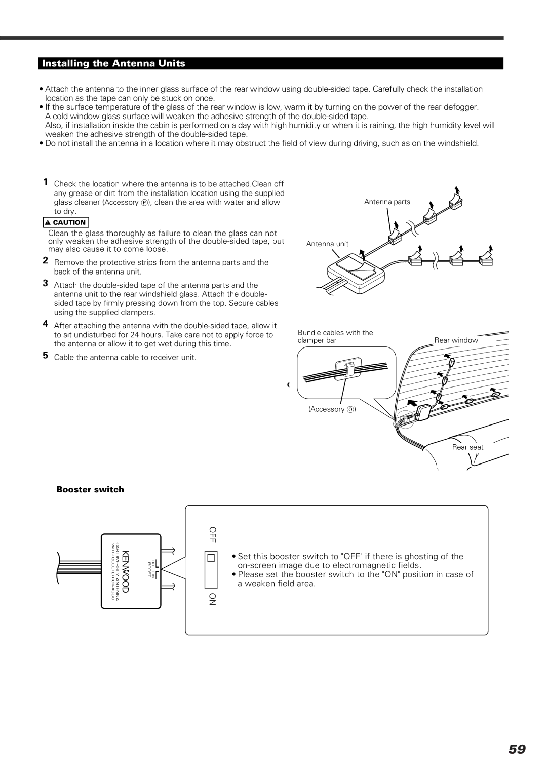 Kenwood KVT-920DVD instruction manual Installing the Antenna Units, Booster switch 