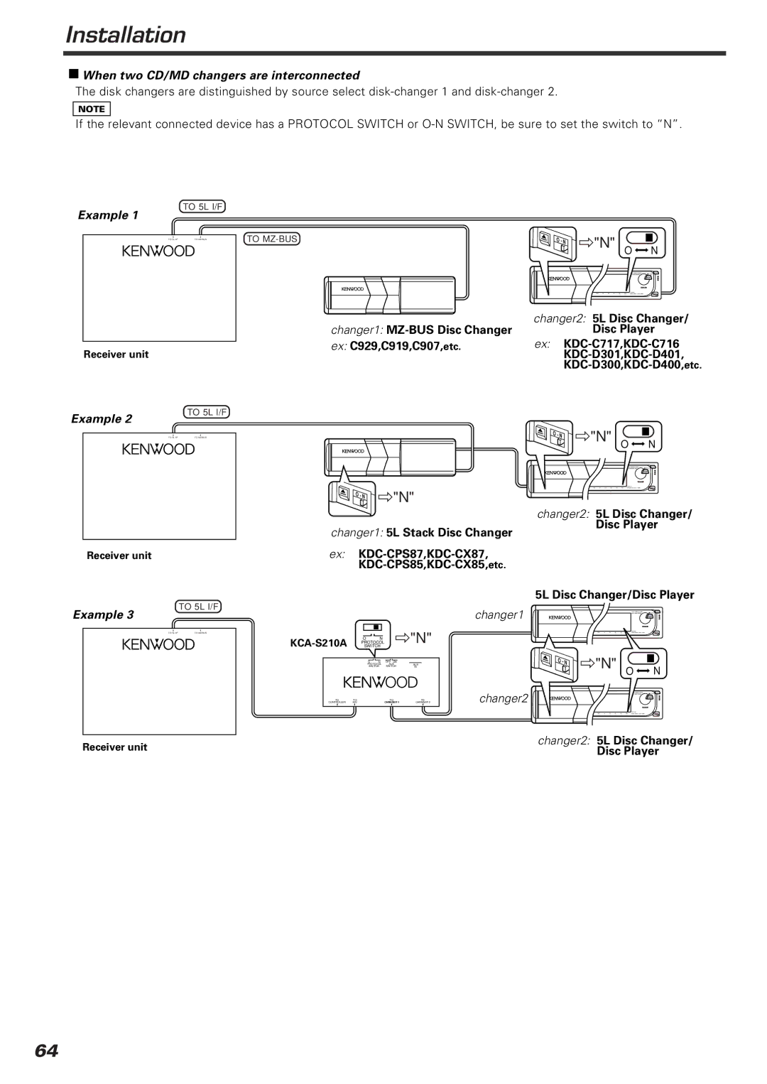 Kenwood KVT-920DVD instruction manual When two CD/MD changers are interconnected, Example 