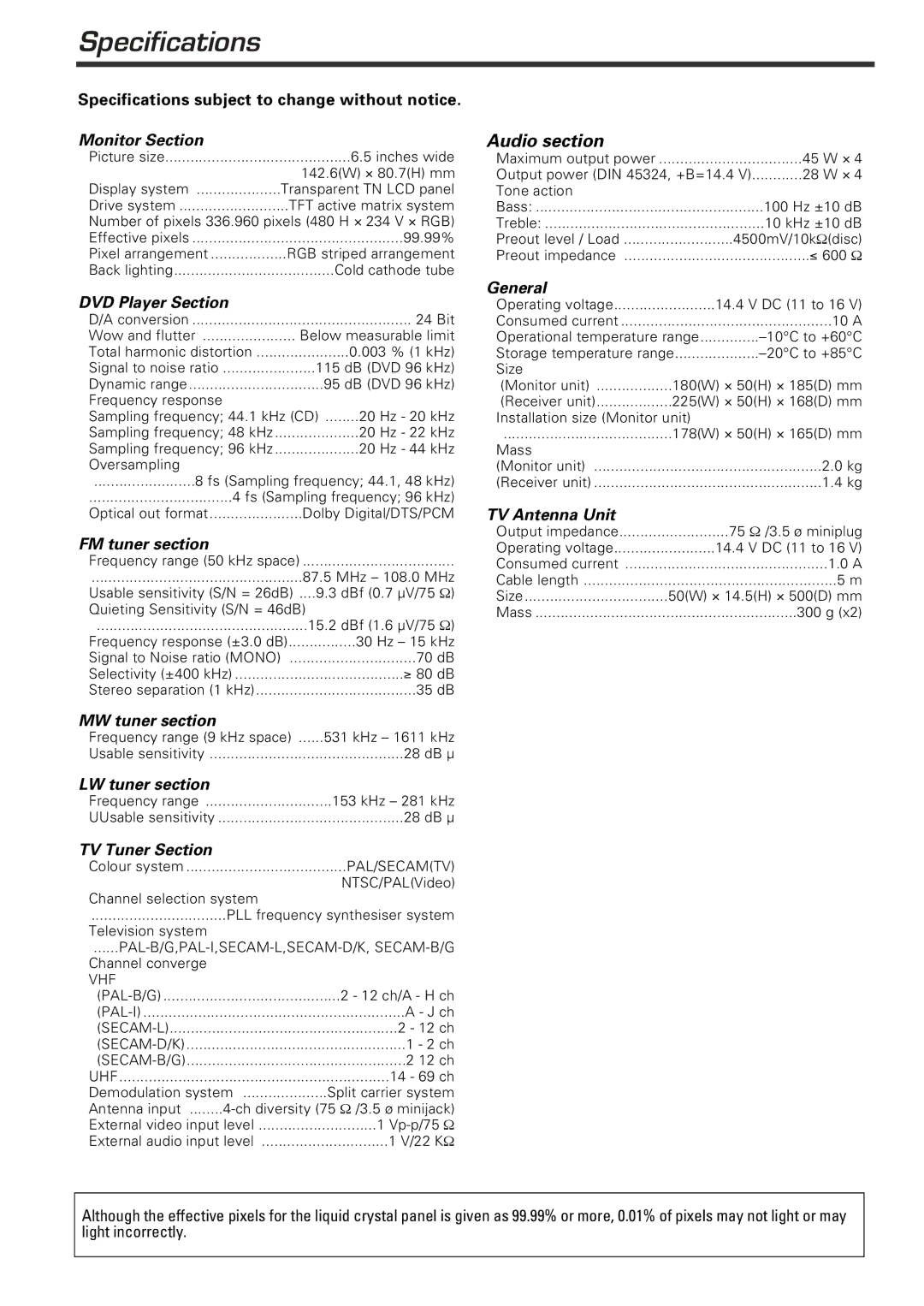 Kenwood KVT-920DVD instruction manual Specifications, Audio section 