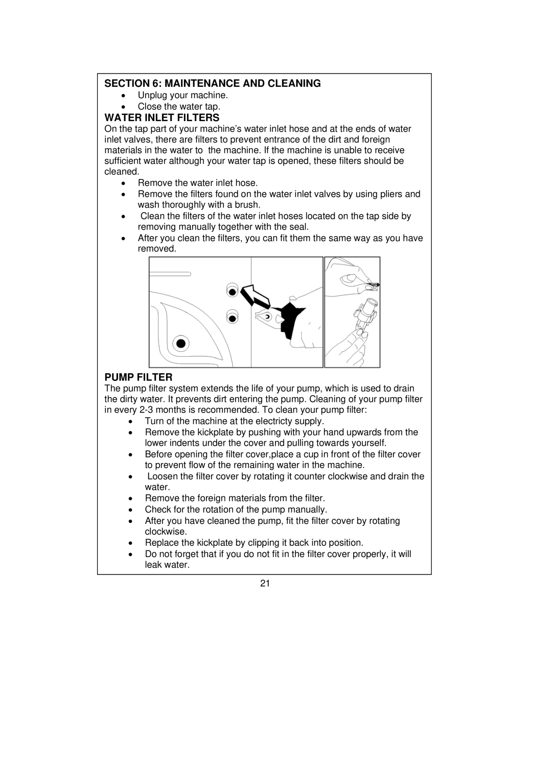 Kenwood KVWA146SL user manual Water Inlet Filters, Pump Filter 