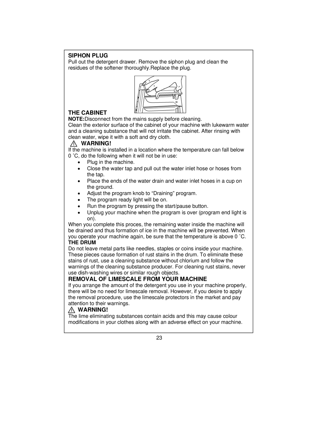 Kenwood KVWA146SL user manual Siphon Plug, Cabinet, Removal of Limescale from Your Machine, Drum 