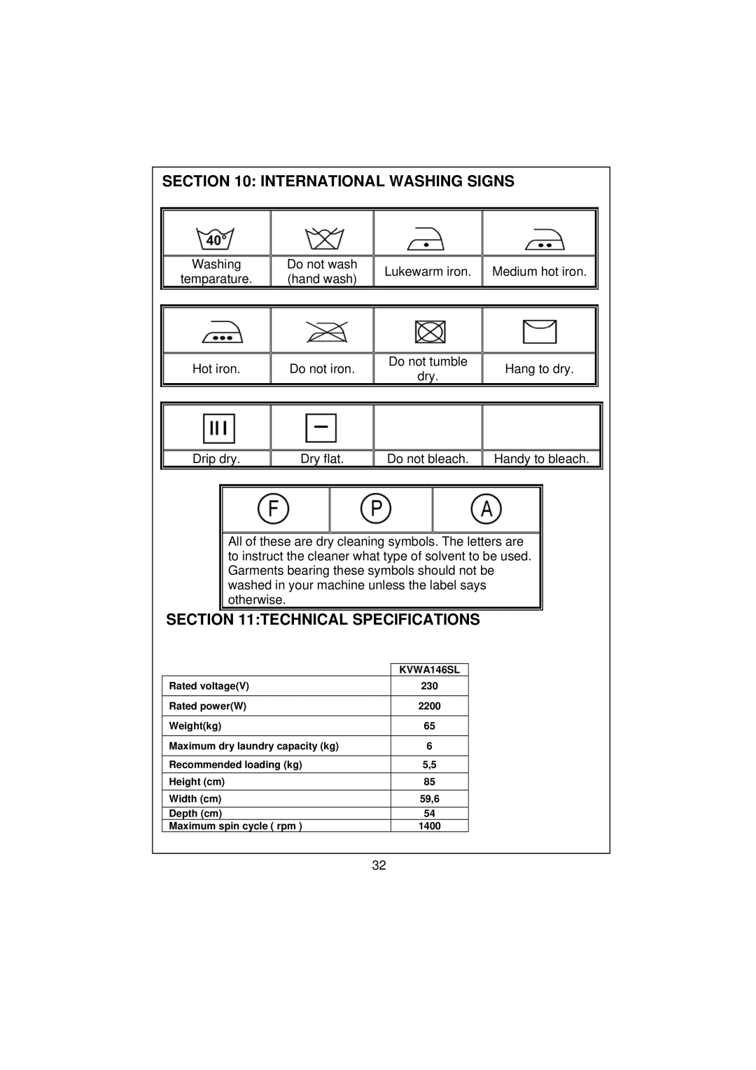 Kenwood KVWA146SL user manual International Washing Signs, Technical Specifications 