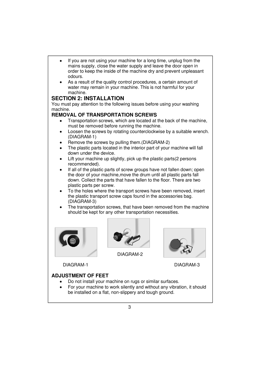 Kenwood KVWA146SL user manual Installation, Removal of Transportation Screws, Adjustment of Feet 