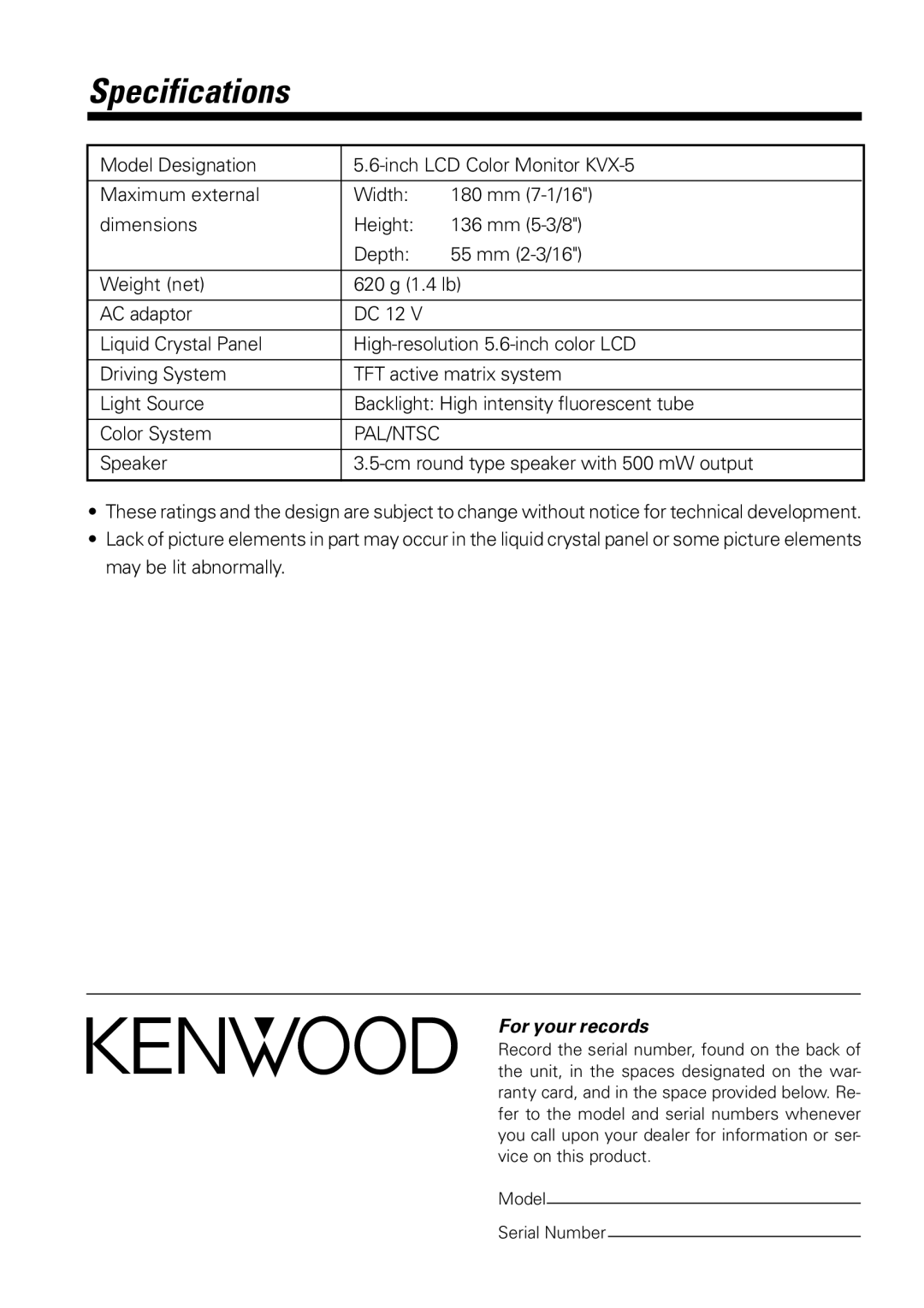 Kenwood KVX-5 instruction manual Specifications, Pal/Ntsc 