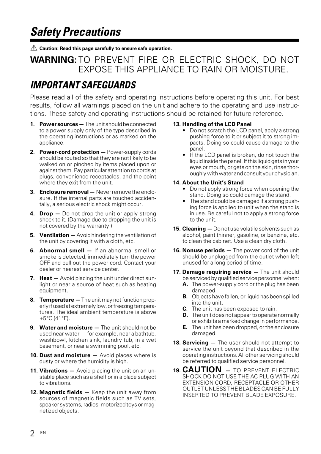 Kenwood KVX-5 instruction manual Safety Precautions, Important Safeguards 