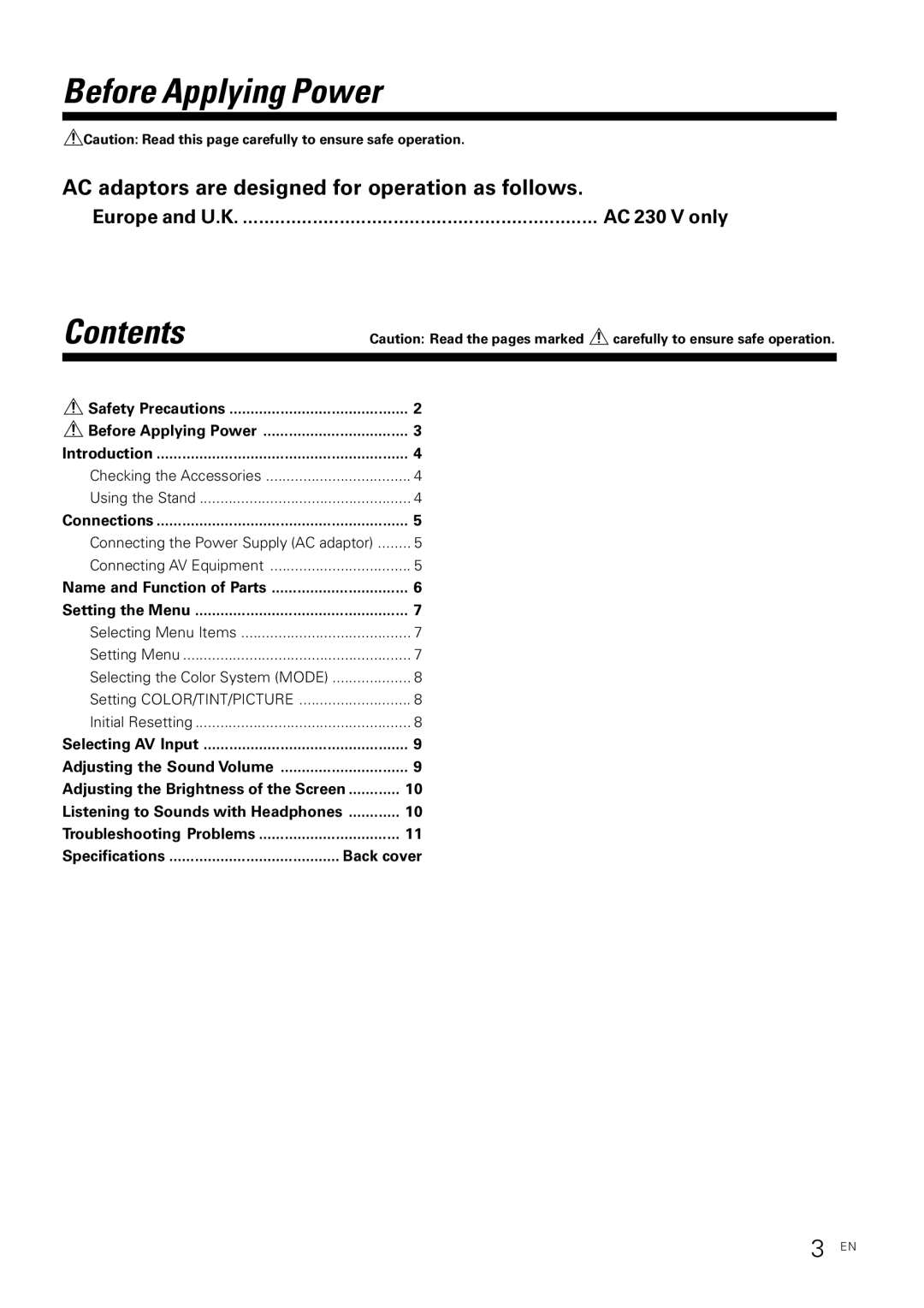 Kenwood KVX-5 instruction manual Before Applying Power, Contents 