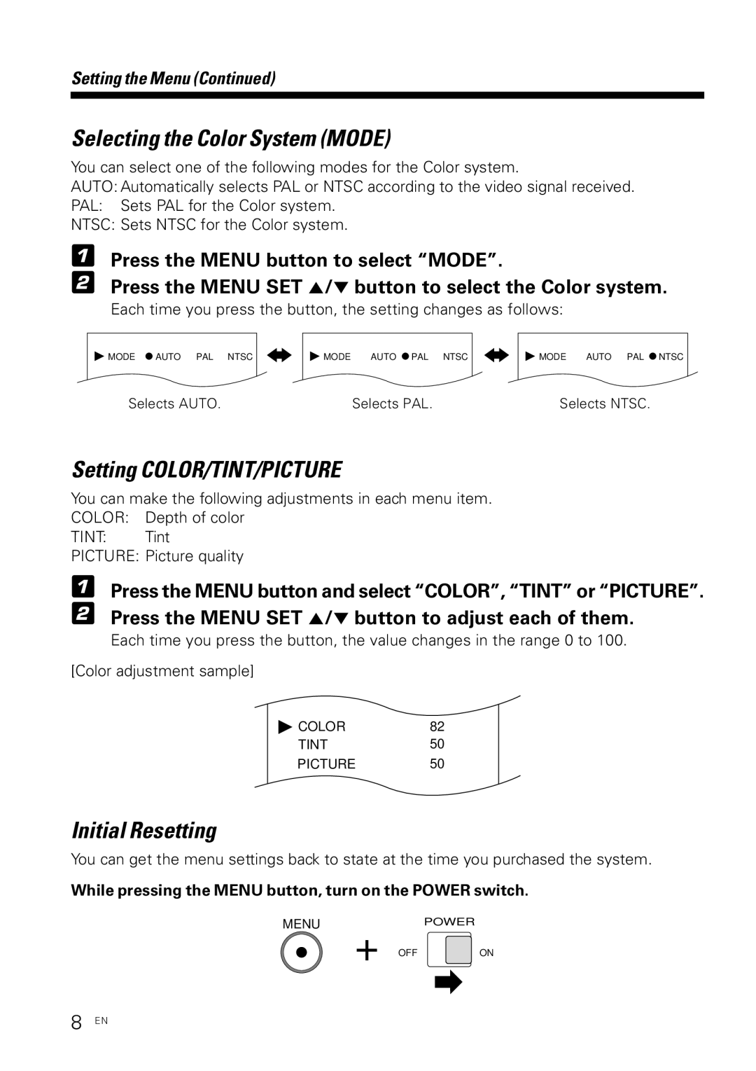 Kenwood KVX-5 instruction manual Selecting the Color System Mode, Setting COLOR/TINT/PICTURE, Initial Resetting 