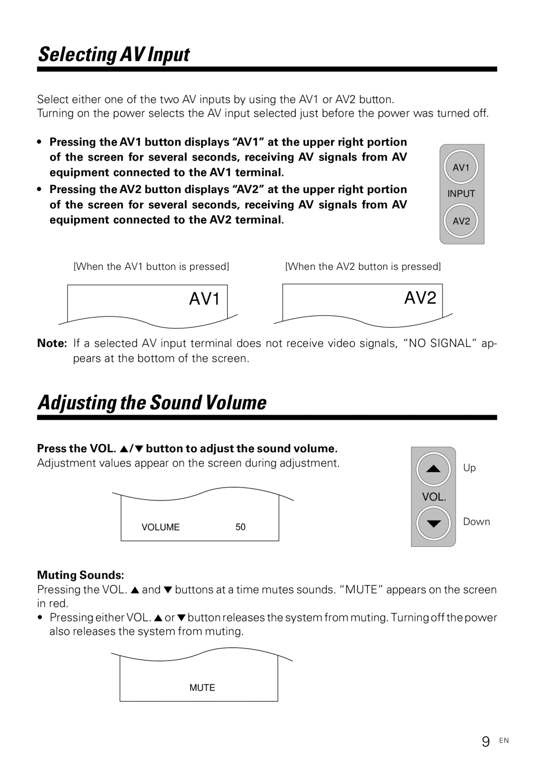 Kenwood KVX-5 Selecting AV Input, Adjusting the Sound Volume, Press the VOL /∞button to adjust the sound volume 