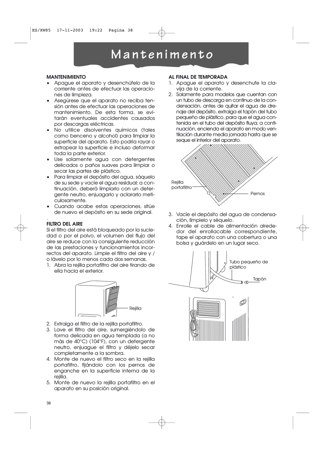 Kenwood KW85 manual N t e n i m e n t o, Mantenimiento, Filtro DEL Aire, AL Final DE Temporada 