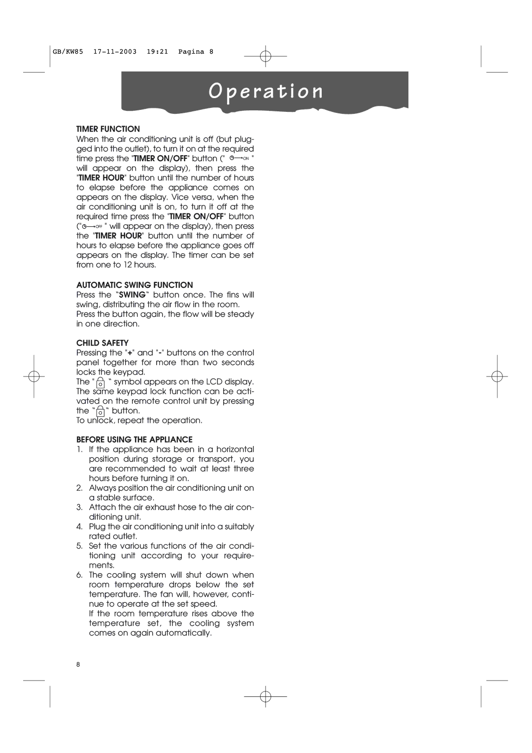 Kenwood KW85 manual Timer Function, Automatic Swing Function, Child Safety, Before Using the Appliance 