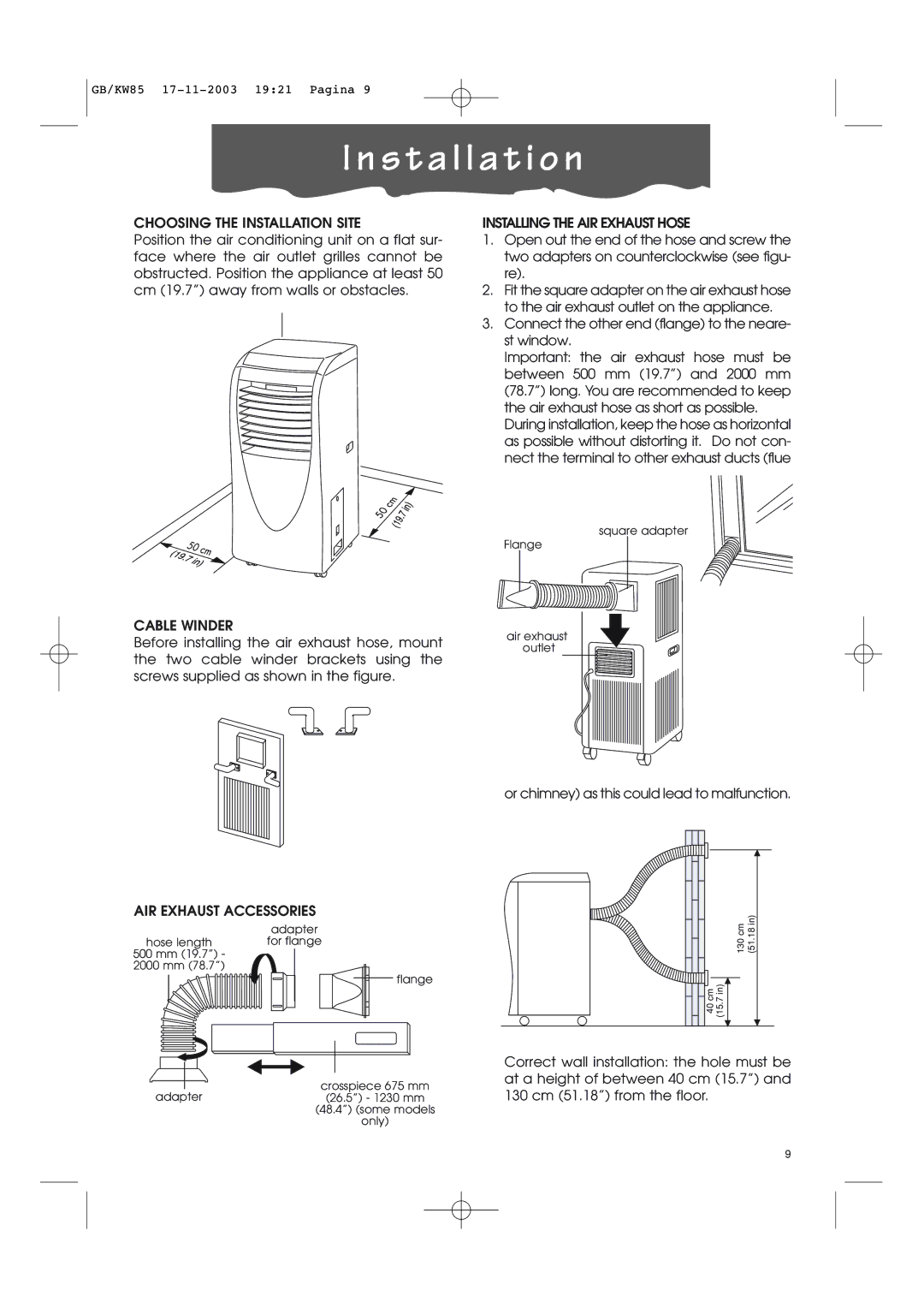 Kenwood KW85 Choosing the Installation Site, Installing the AIR Exhaust Hose, Cable Winder, AIR Exhaust Accessories 