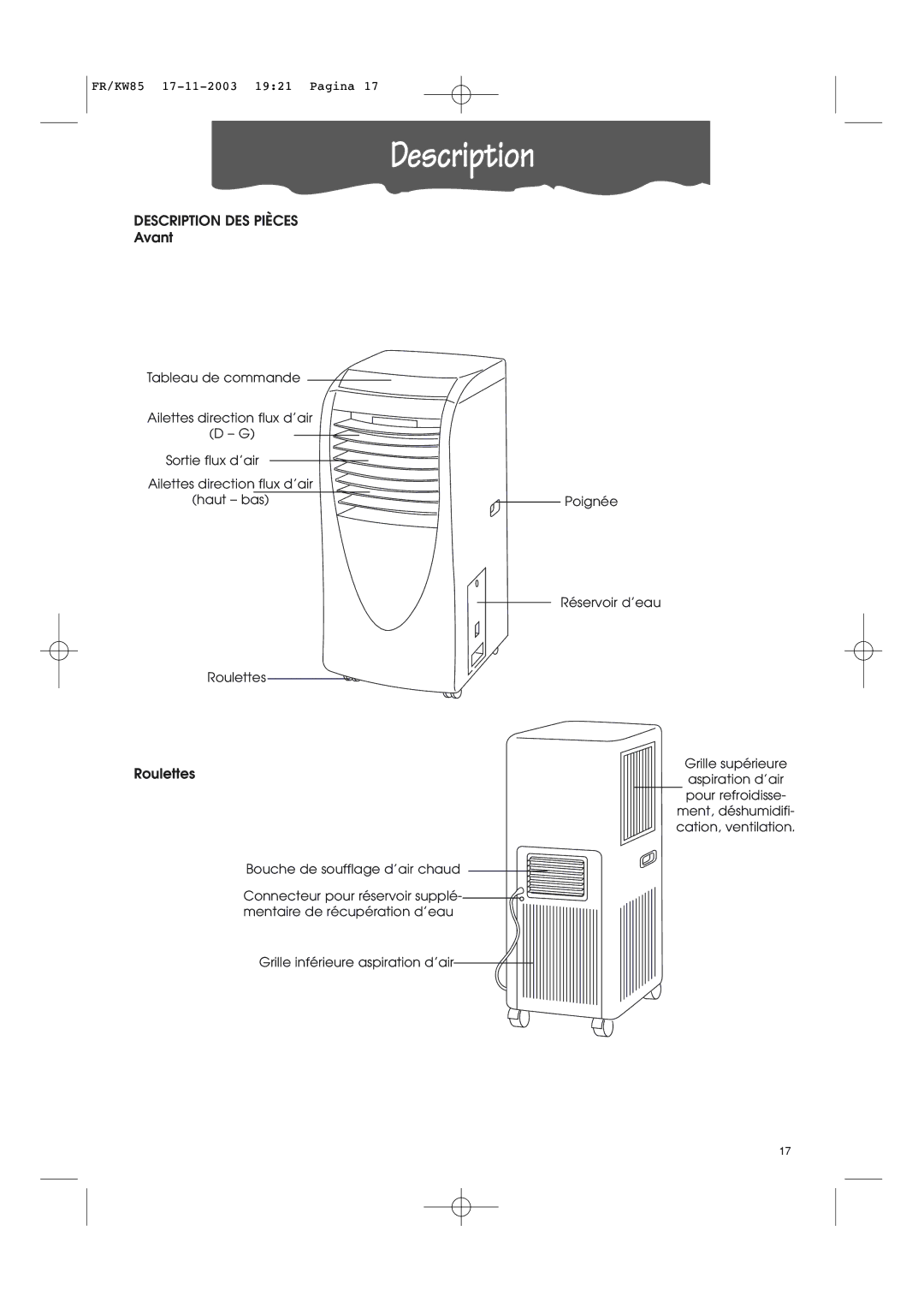 Kenwood KW85 manual Description DES Pièces, Avant 