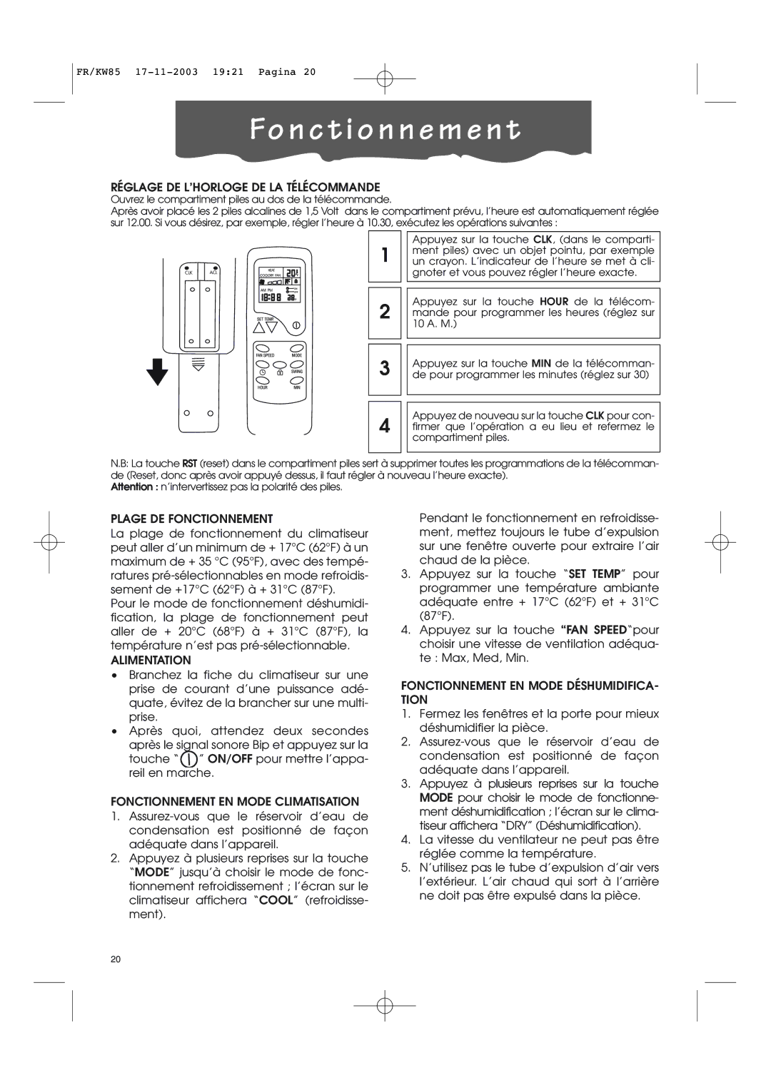 Kenwood KW85 manual Fo n c t i o n n e m e n t 