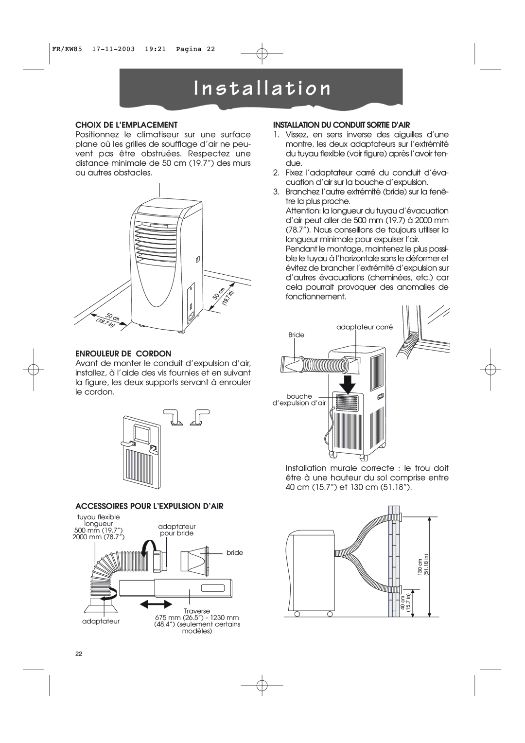 Kenwood KW85 manual Choix DE L’EMPLACEMENT, Enrouleur DE Cordon, Accessoires Pour L’EXPULSION D’AIR 