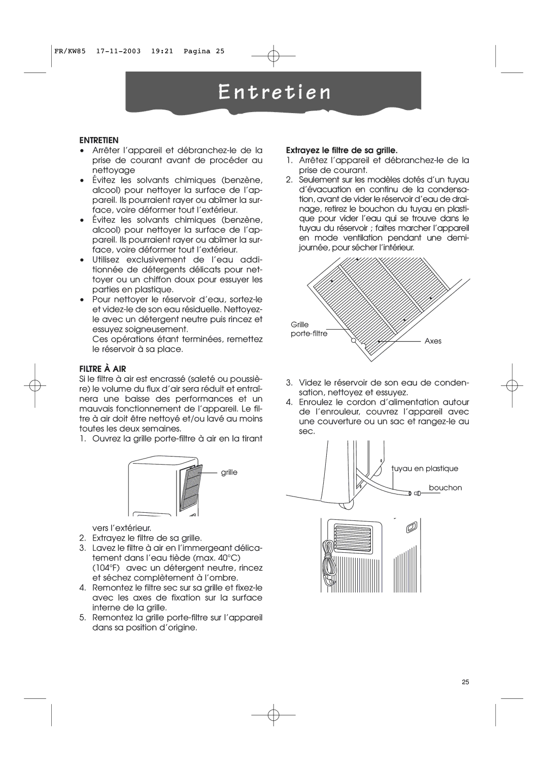 Kenwood KW85 manual En t re t i e n, Entretien, Filtre À AIR 