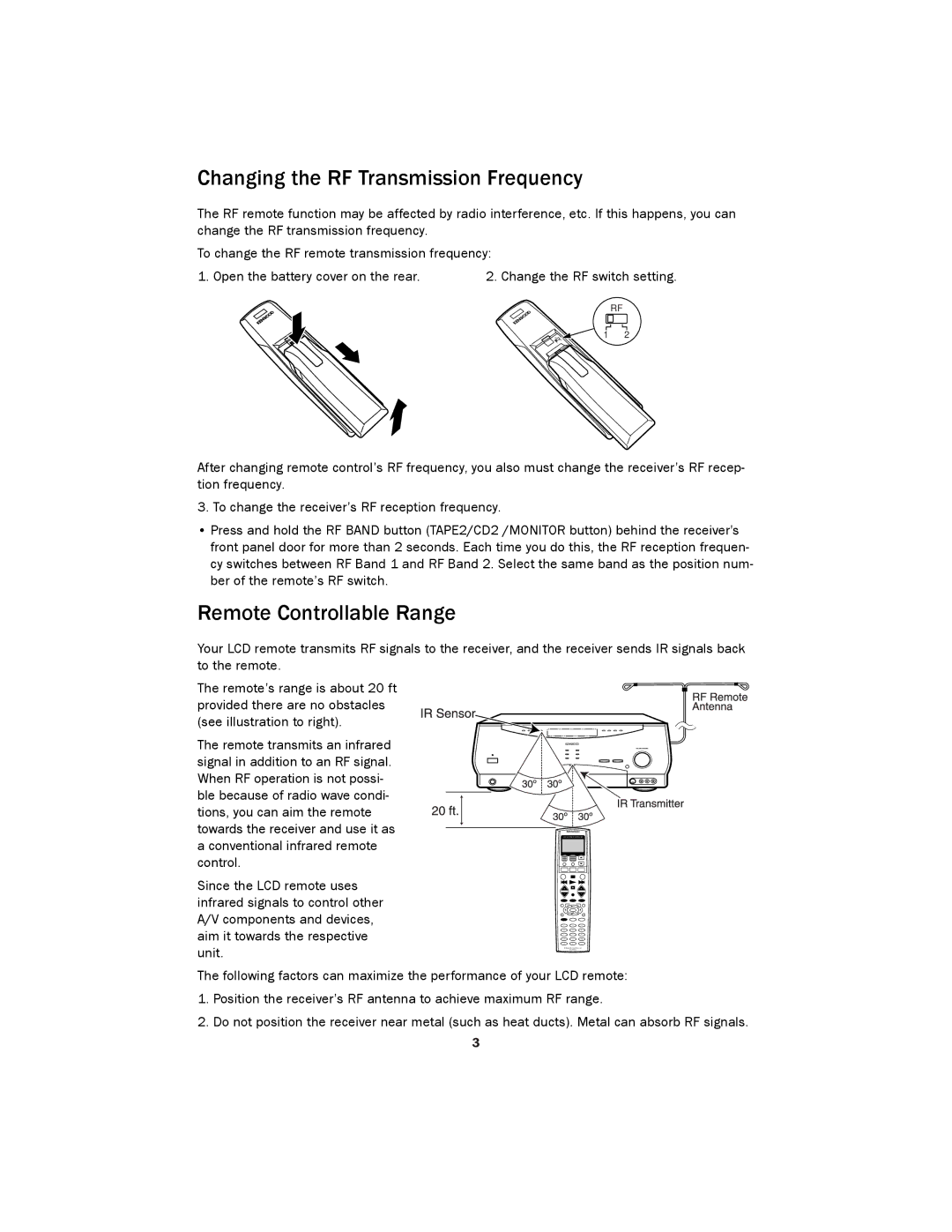 Kenwood LCD Remote Control manual Changing the RF Transmission Frequency, Remote Controllable Range 