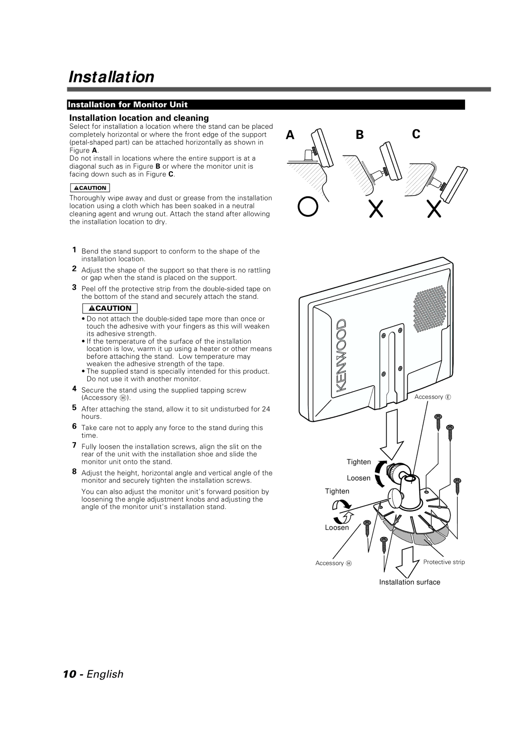 Kenwood LZ-7500 instruction manual Installation location and cleaning, Installation for Monitor Unit 