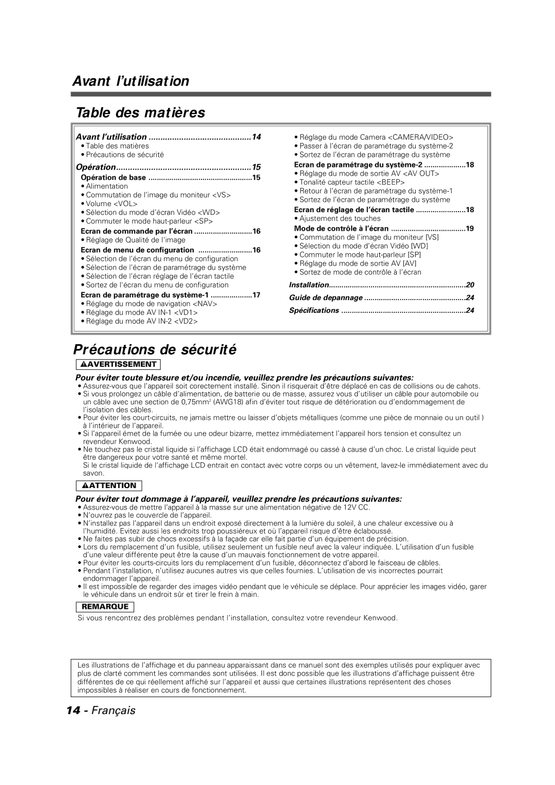 Kenwood LZ-7500 Avant l’utilisation Table des matières, Précautions de sécurité, Réglage de Qualité de limage 