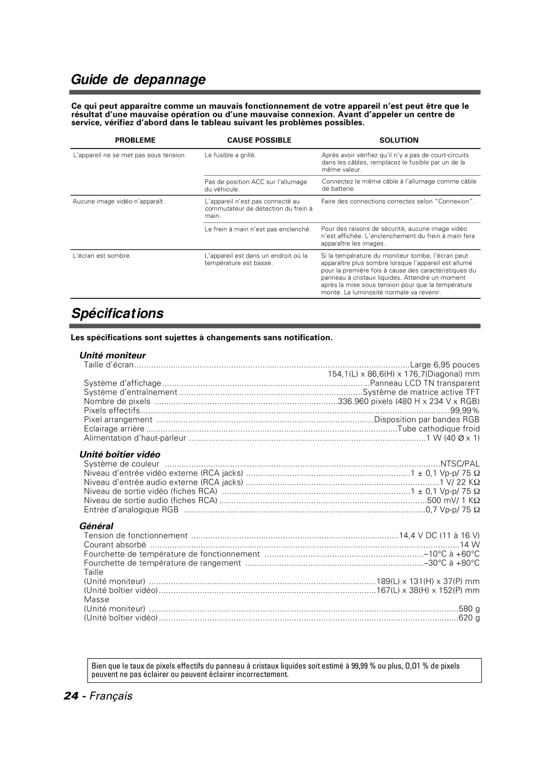 Kenwood LZ-7500 instruction manual Guide de depannage, Spécifications 