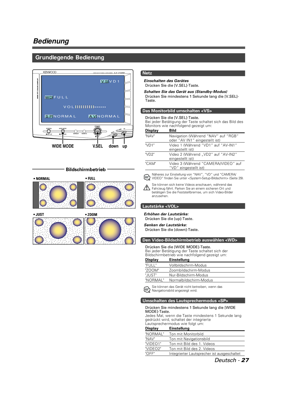 Kenwood LZ-7500 instruction manual Grundlegende Bedienung, Bildschirmbetrieb 