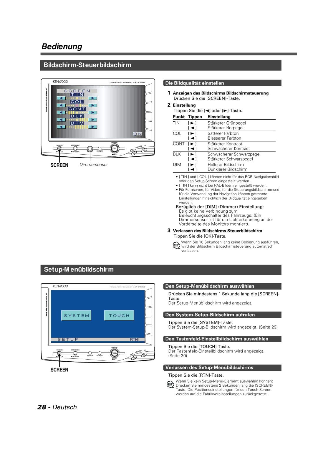 Kenwood LZ-7500 instruction manual Bildschirm-Steuerbildschirm, Setup-Menübildschirm 