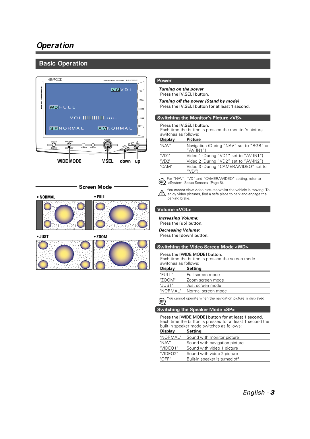 Kenwood LZ-7500 instruction manual Basic Operation, Screen Mode 