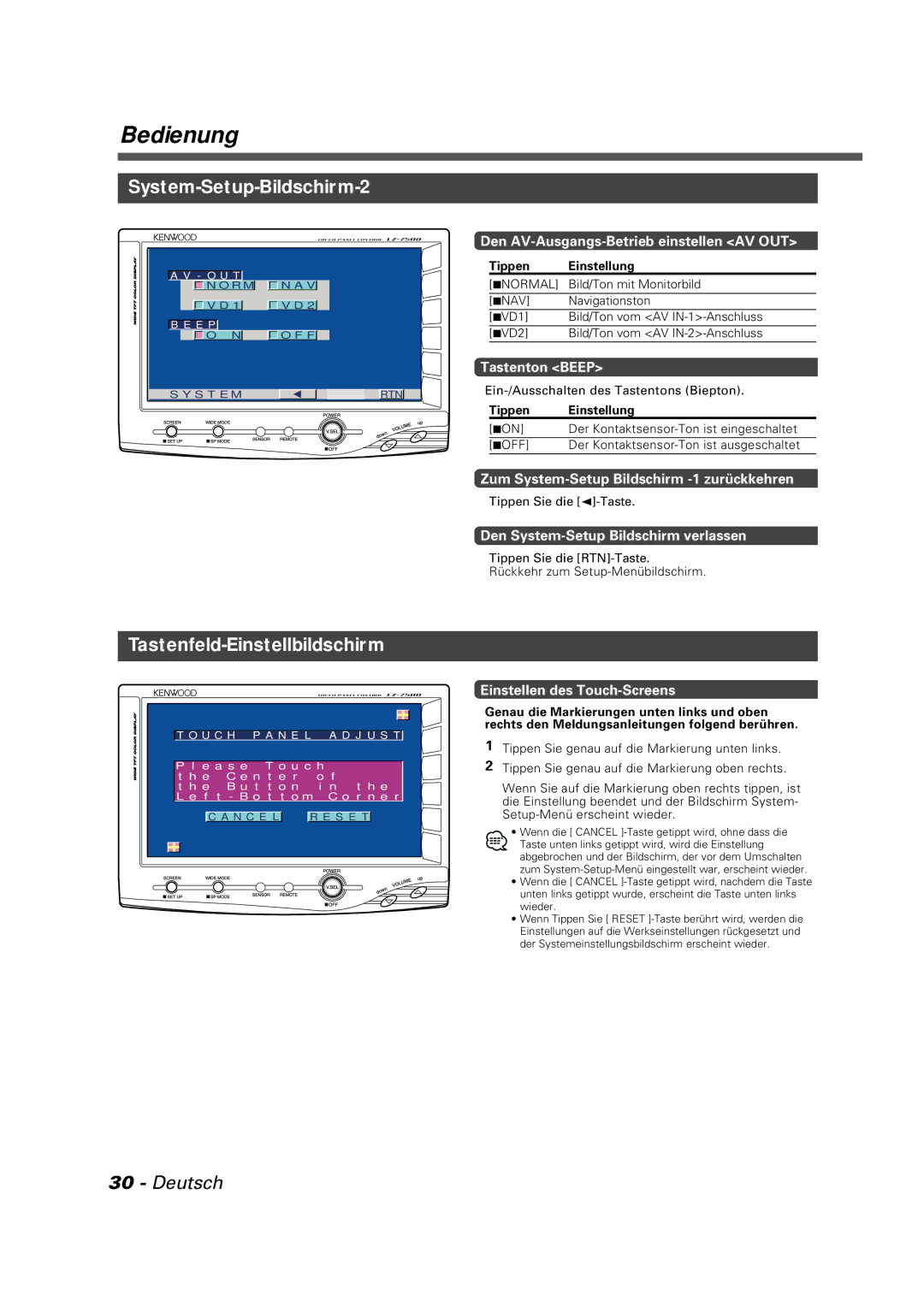 Kenwood LZ-7500 instruction manual System-Setup-Bildschirm-2, Tastenfeld-Einstellbildschirm 