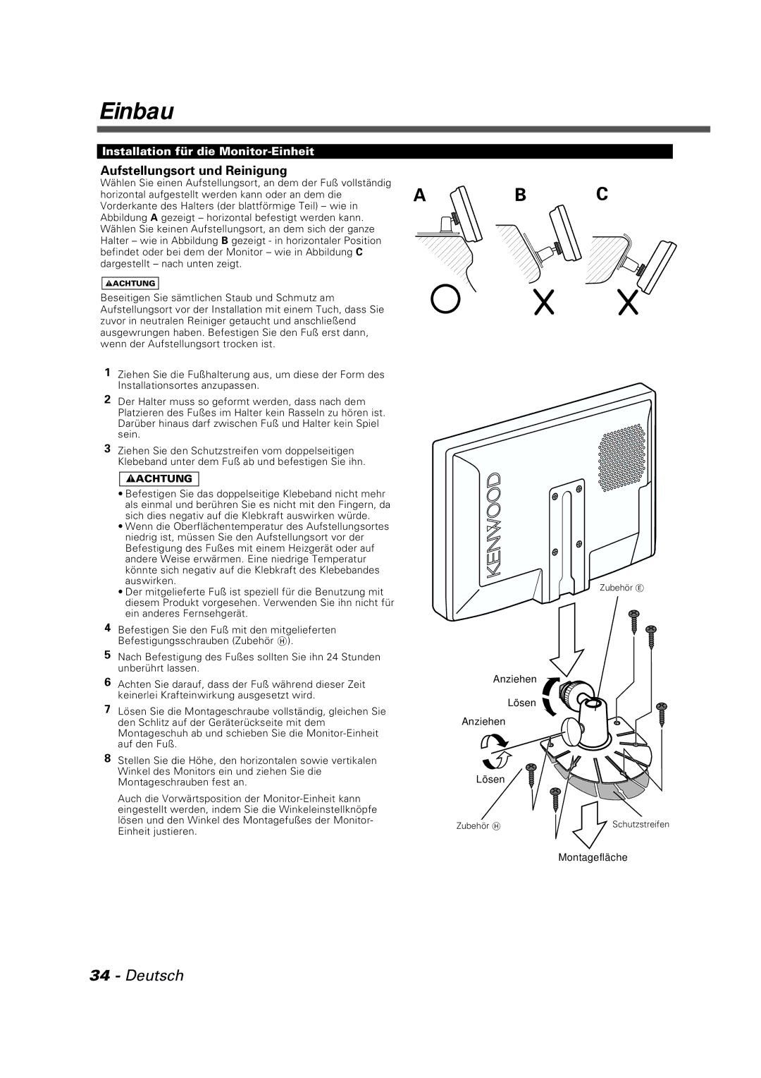 Kenwood LZ-7500 instruction manual Aufstellungsort und Reinigung, Installation für die Monitor-Einheit 