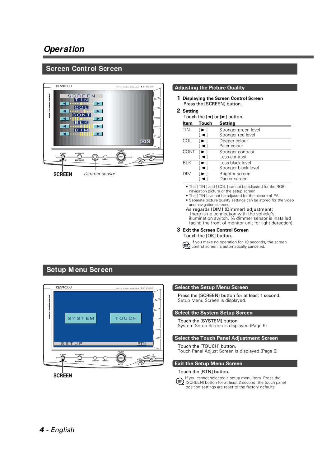 Kenwood LZ-7500 instruction manual Screen Control Screen, Setup Menu Screen 