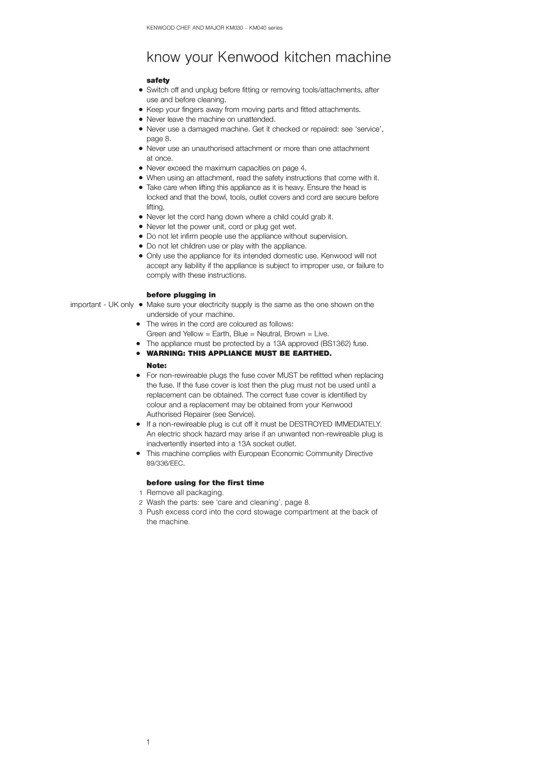 Kenwood MAJOR KM040 manual Know your Kenwood kitchen machine, Safety, Before plugging, Before using for the first time 