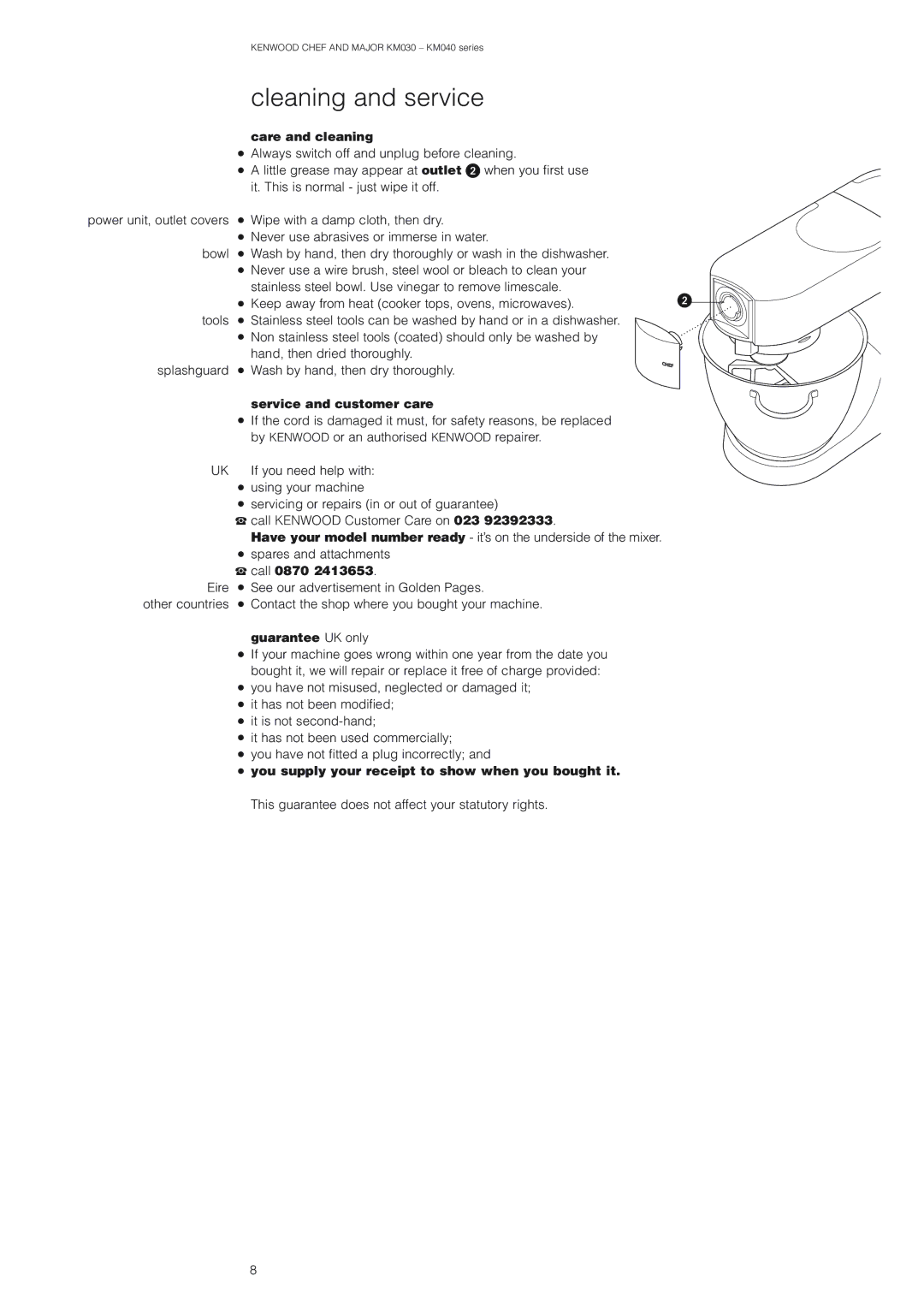 Kenwood CHEF KM030, MAJOR KM040 manual Cleaning and service, Care and cleaning, Service and customer care, Guarantee UK only 