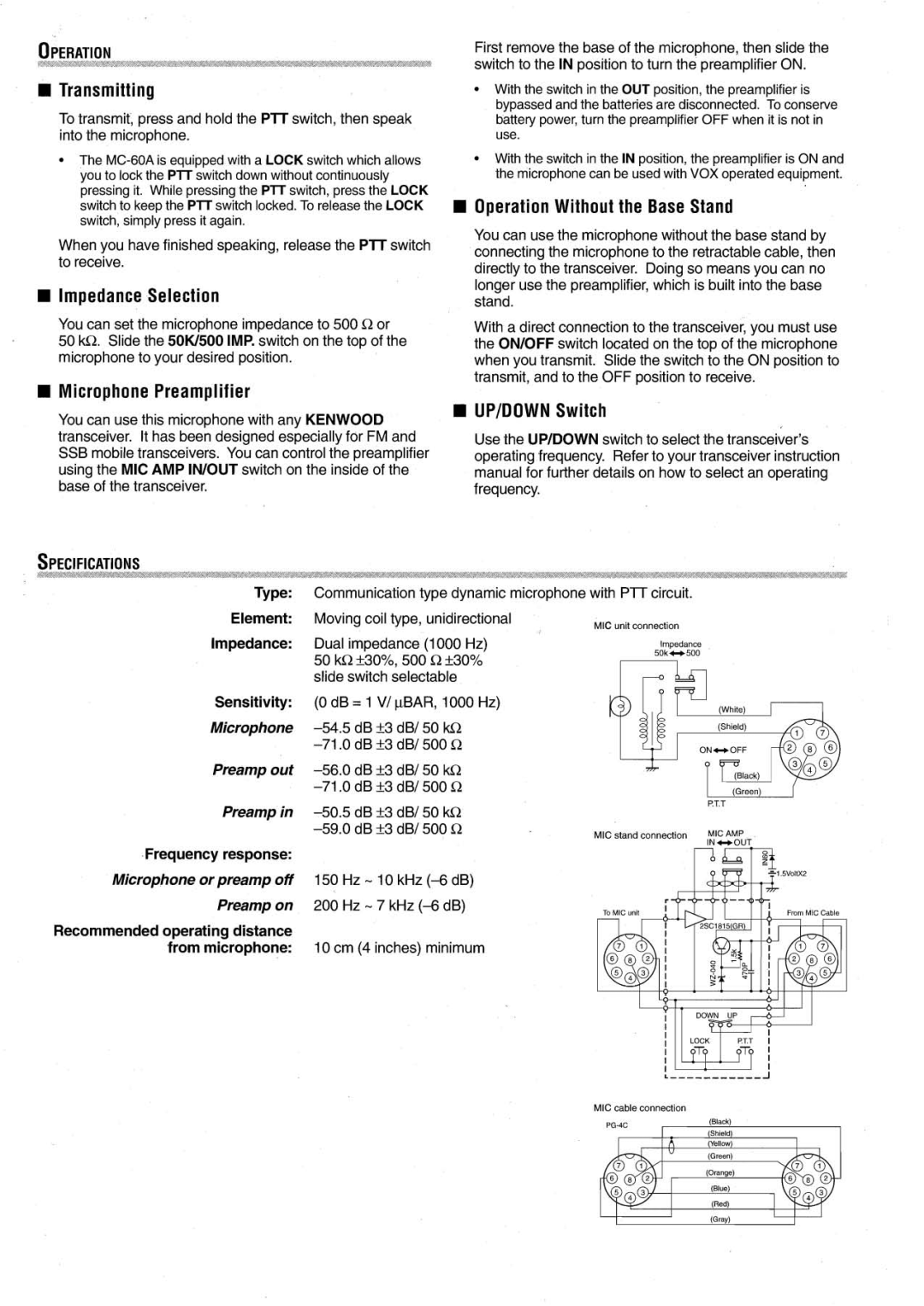 Kenwood MC-60A Transmitting, Impedance Selection, Microphone Preamplifier, OneralionWi3thouttheBaseStand, Upidown Switcli 