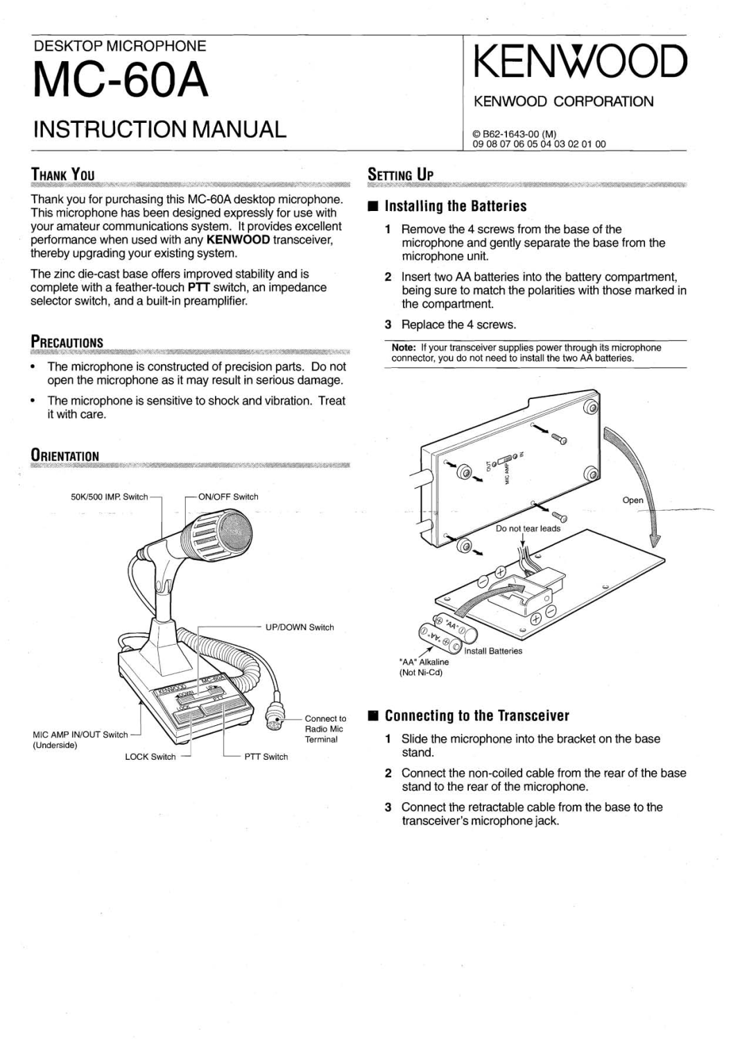 Kenwood MC-60A instruction manual Installing the Batteries, Il Connecting to the Transceiver, Kenwood, Instructionmanual 