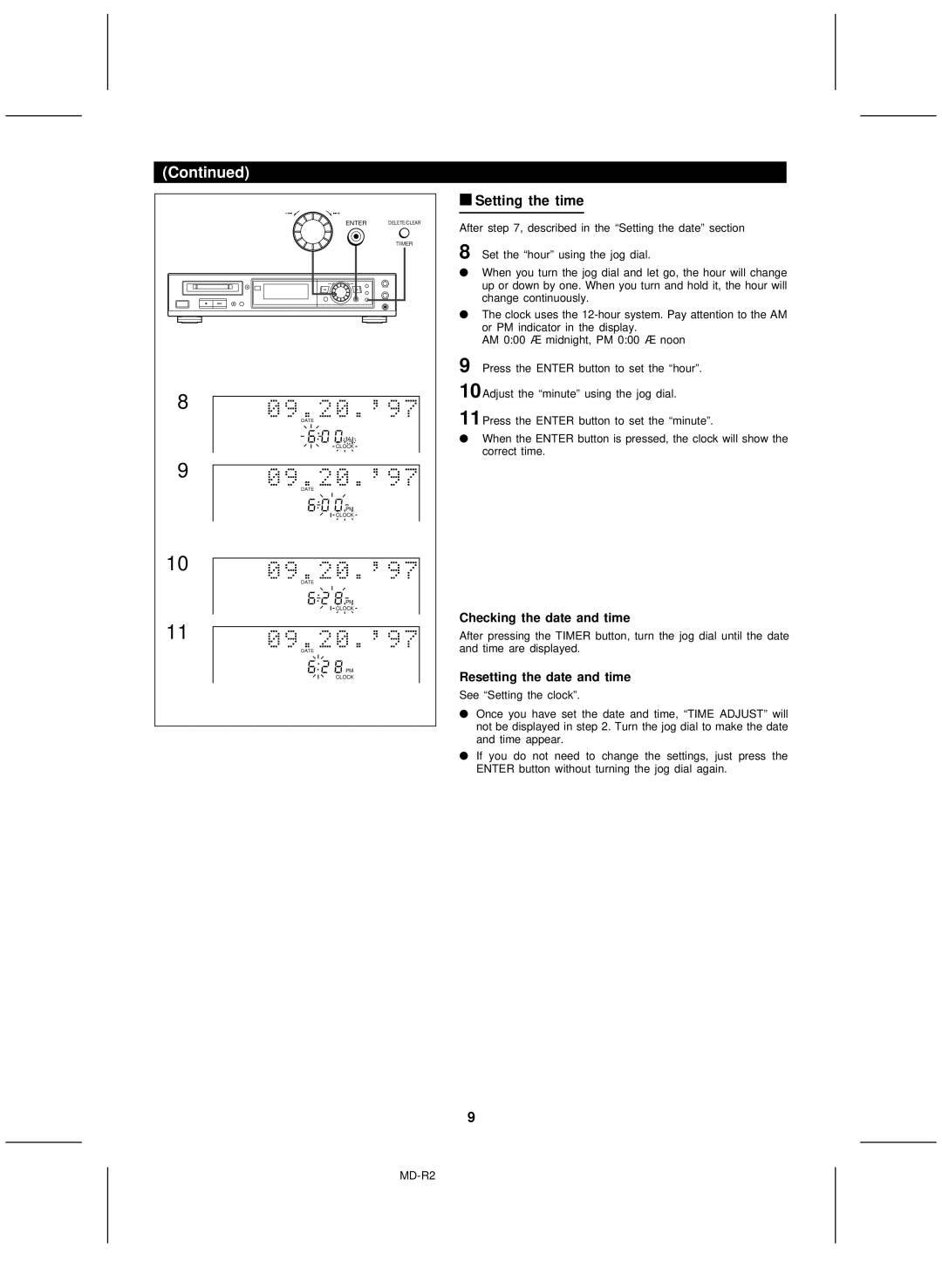 Kenwood MD-R2 operation manual Setting the time, Checking the date and time, Resetting the date and time 