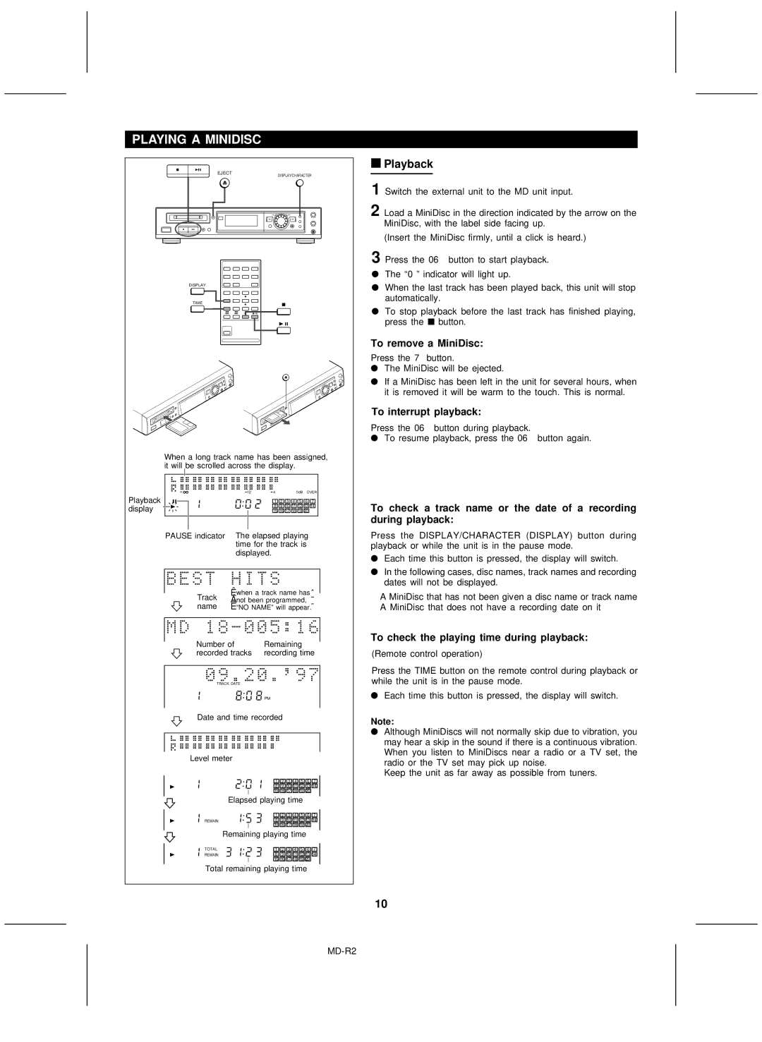 Kenwood MD-R2 operation manual Playing a Minidisc, Playback, To remove a MiniDisc, To interrupt playback 