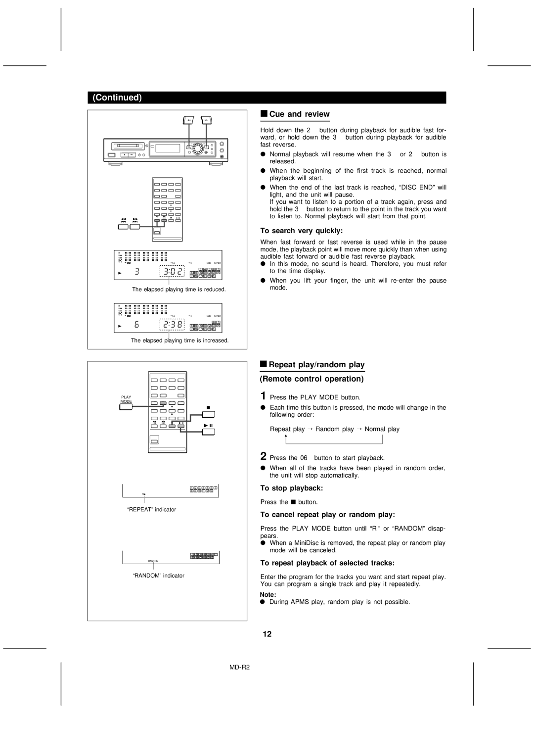 Kenwood MD-R2 operation manual Cue and review, Repeat play/random play Remote control operation 