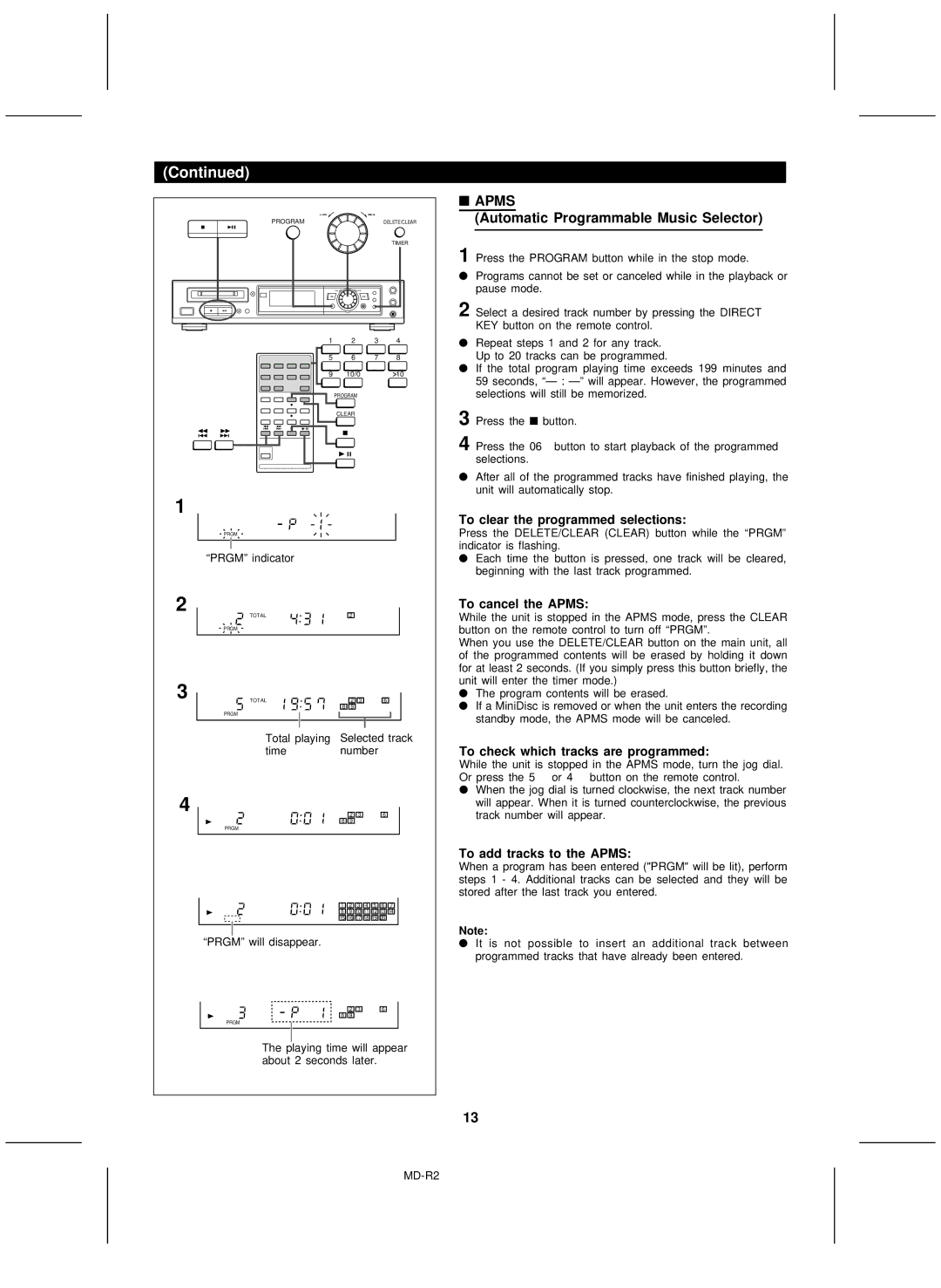 Kenwood MD-R2 Automatic Programmable Music Selector, To clear the programmed selections, To cancel the Apms 