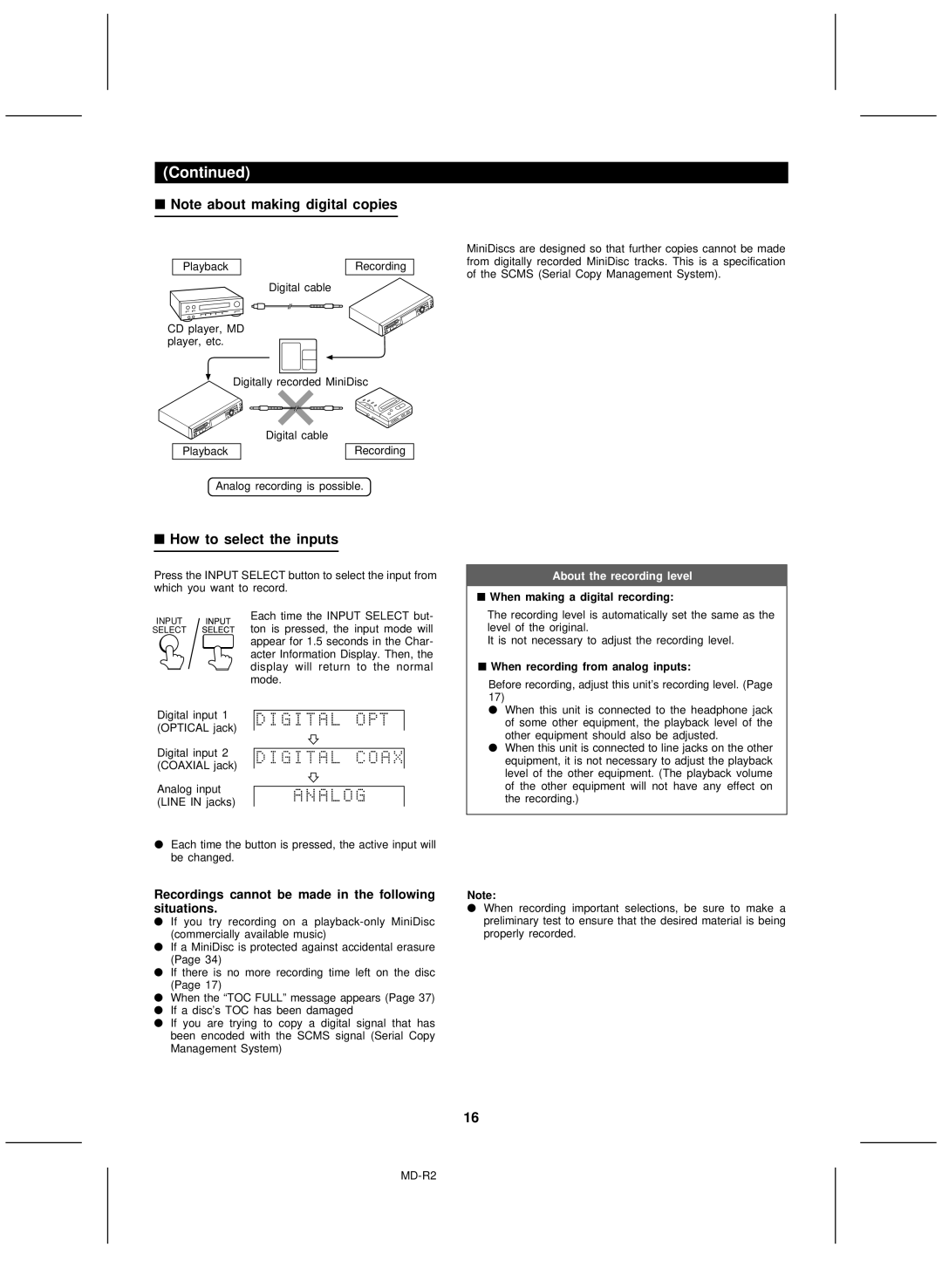 Kenwood MD-R2 operation manual How to select the inputs, Recordings cannot be made in the following situations 