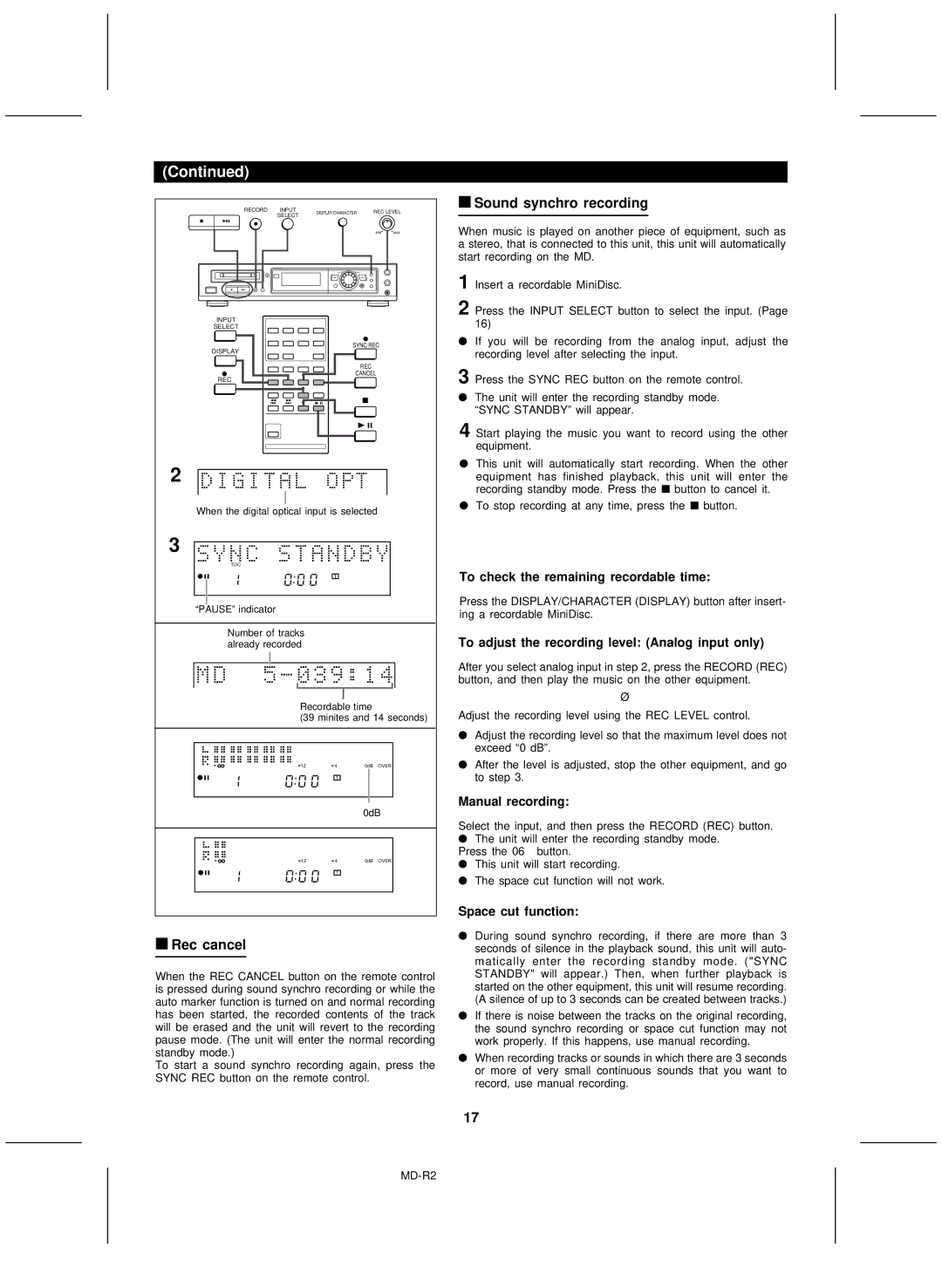 Kenwood MD-R2 operation manual Rec cancel, Sound synchro recording 