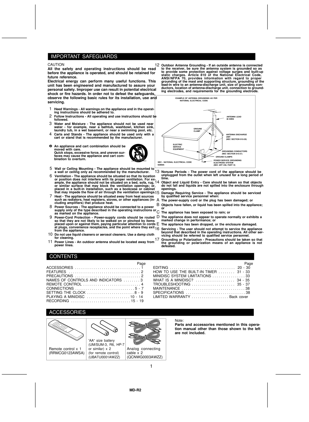 Kenwood MD-R2 operation manual Important Safeguards, Contents, Accessories 