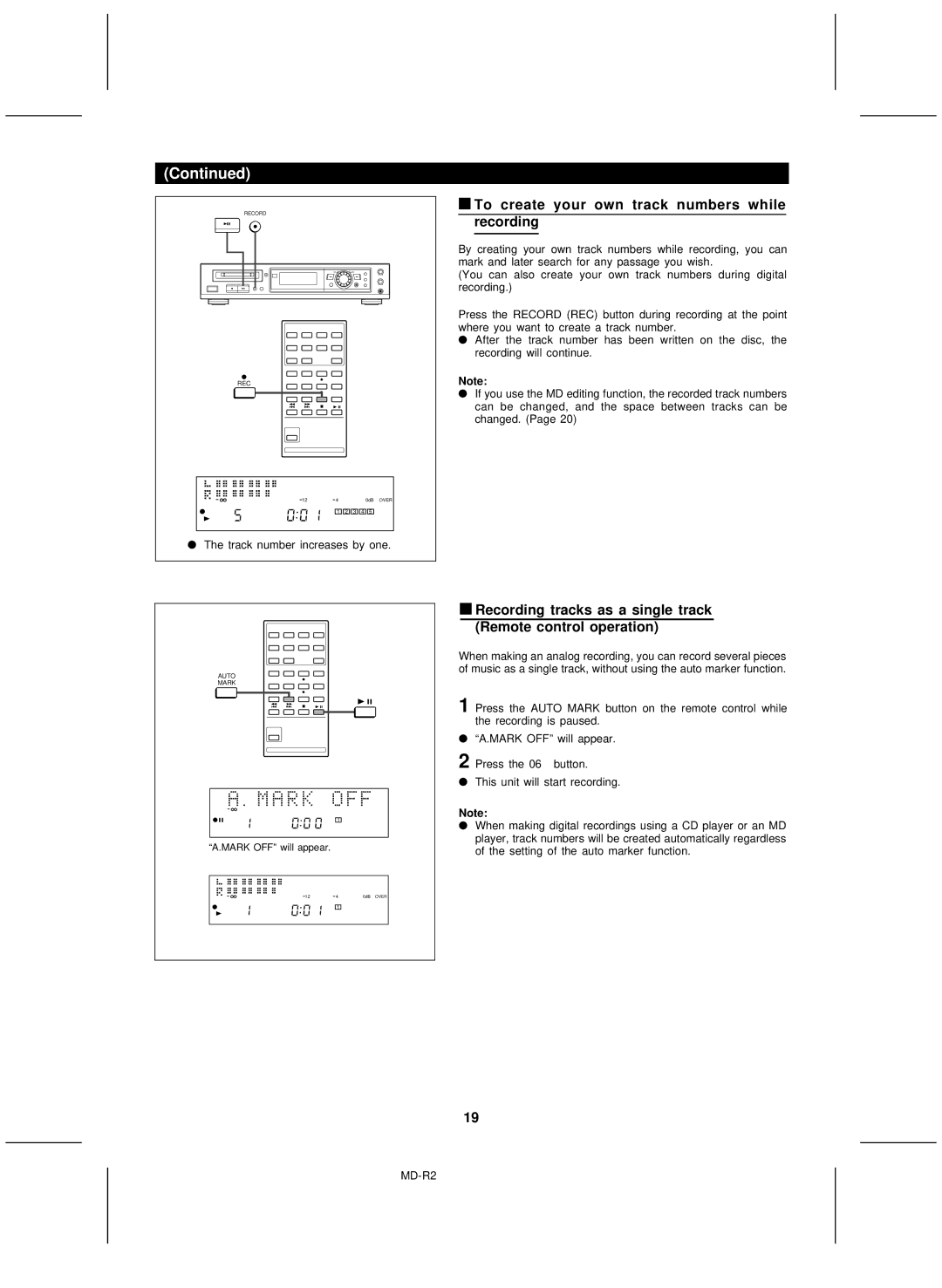 Kenwood MD-R2 operation manual To create your own track numbers while recording 