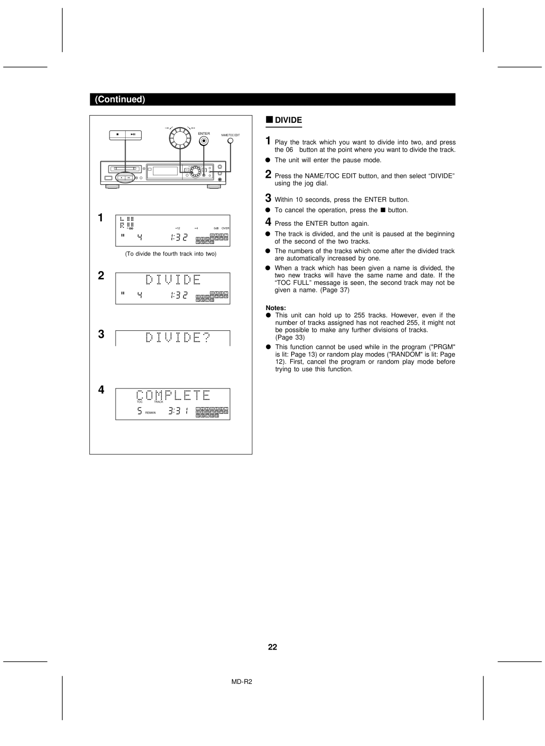 Kenwood MD-R2 operation manual Divide 