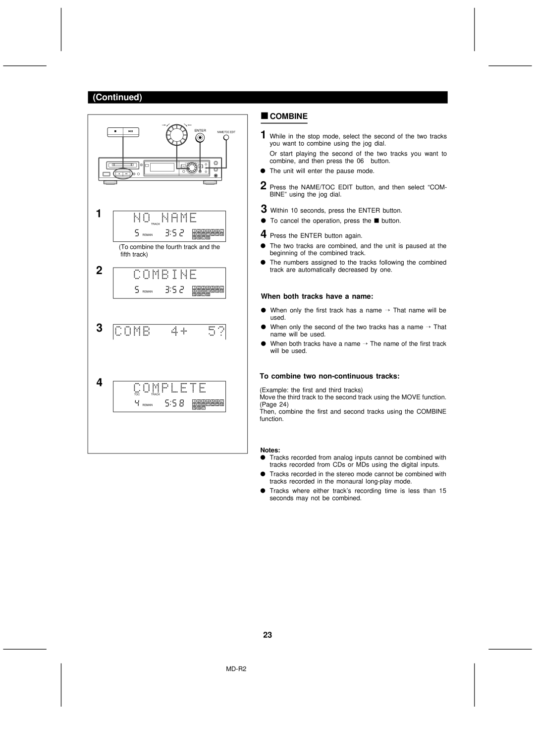 Kenwood MD-R2 operation manual When both tracks have a name, To combine two non-continuous tracks 