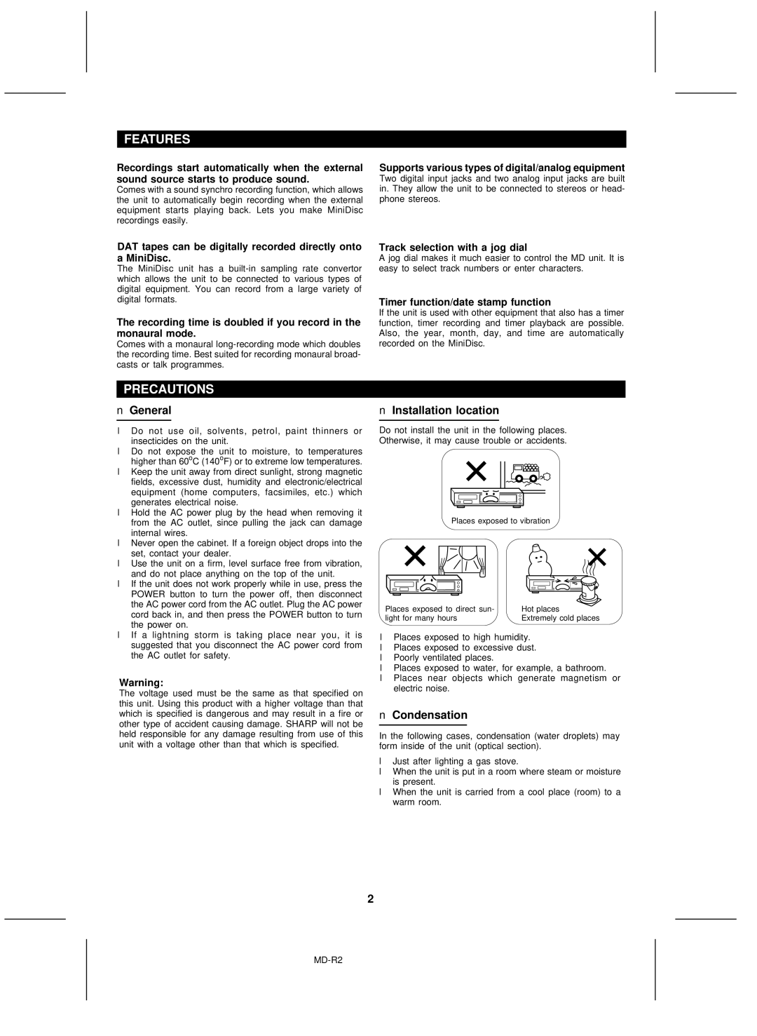 Kenwood MD-R2 operation manual Features, Precautions, General Installation location, Condensation 