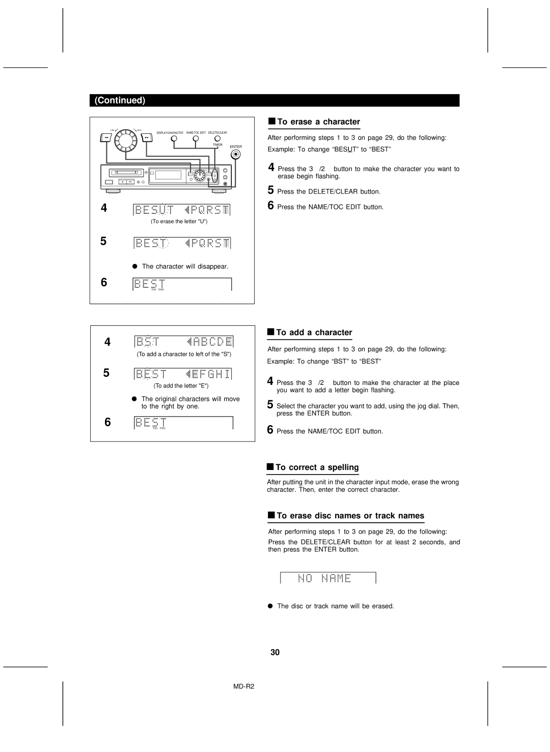 Kenwood MD-R2 To erase a character, To add a character, To correct a spelling, To erase disc names or track names 