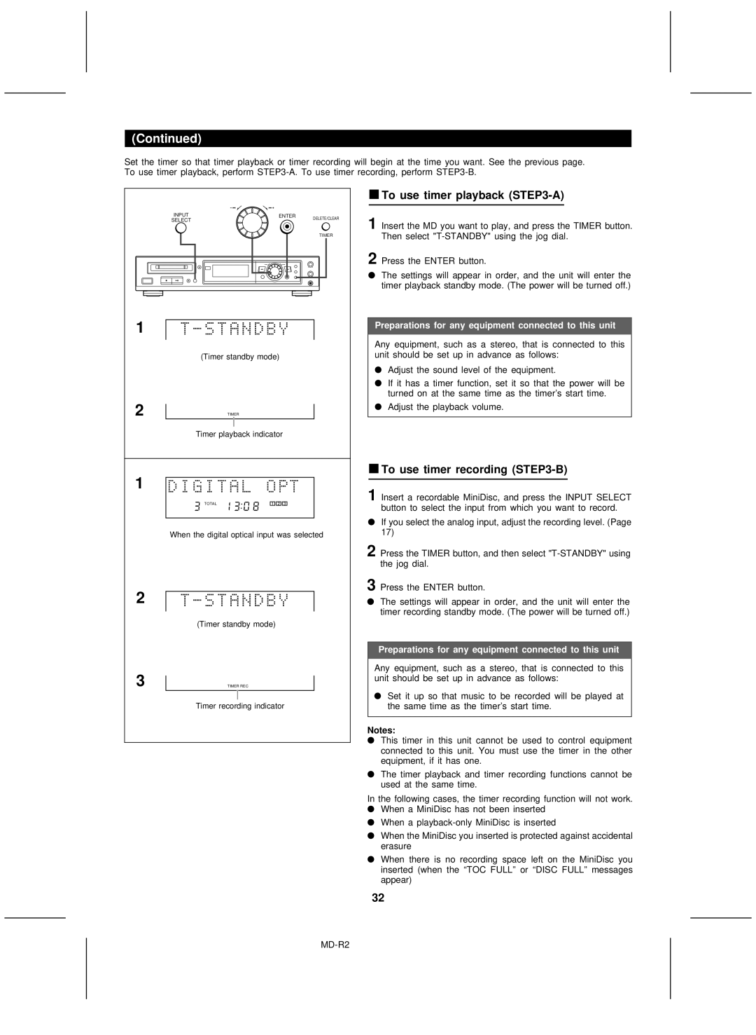 Kenwood MD-R2 operation manual To use timer playback -A, To use timer recording -B 