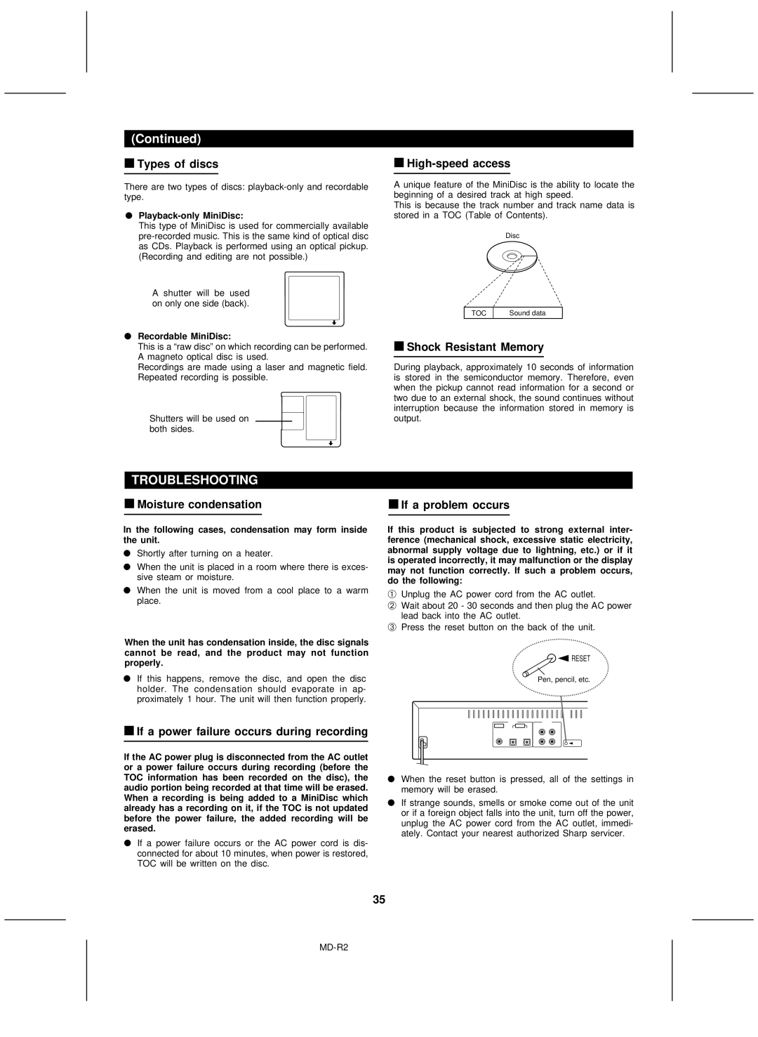 Kenwood MD-R2 operation manual Troubleshooting 